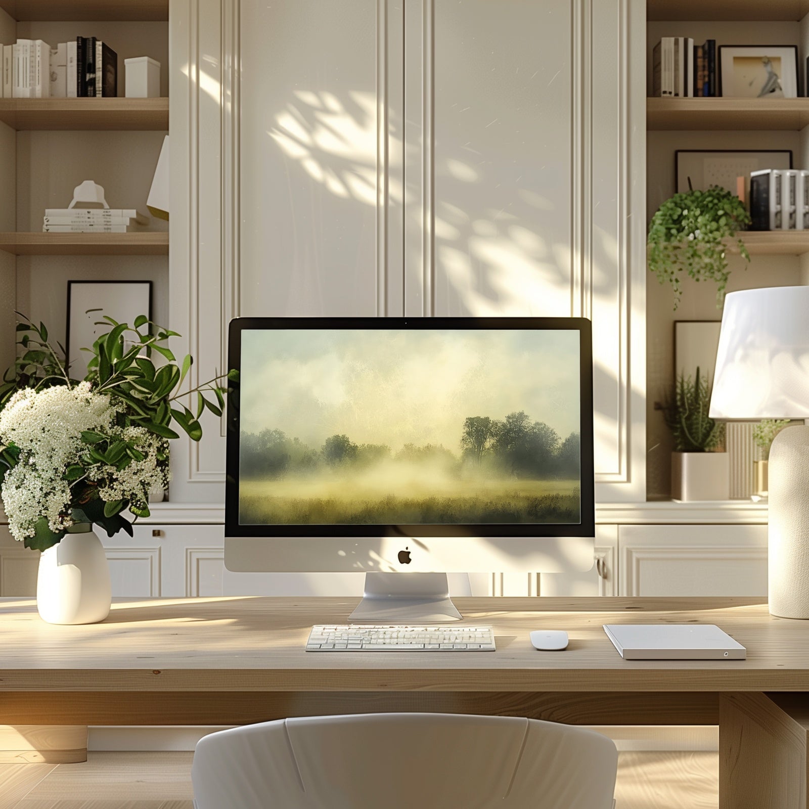 Farmhouse desktop wallpaper featuring a misty morning landscape with soft golden light and distant trees, designed to bring calm, warmth, and rustic charm to your workspace
