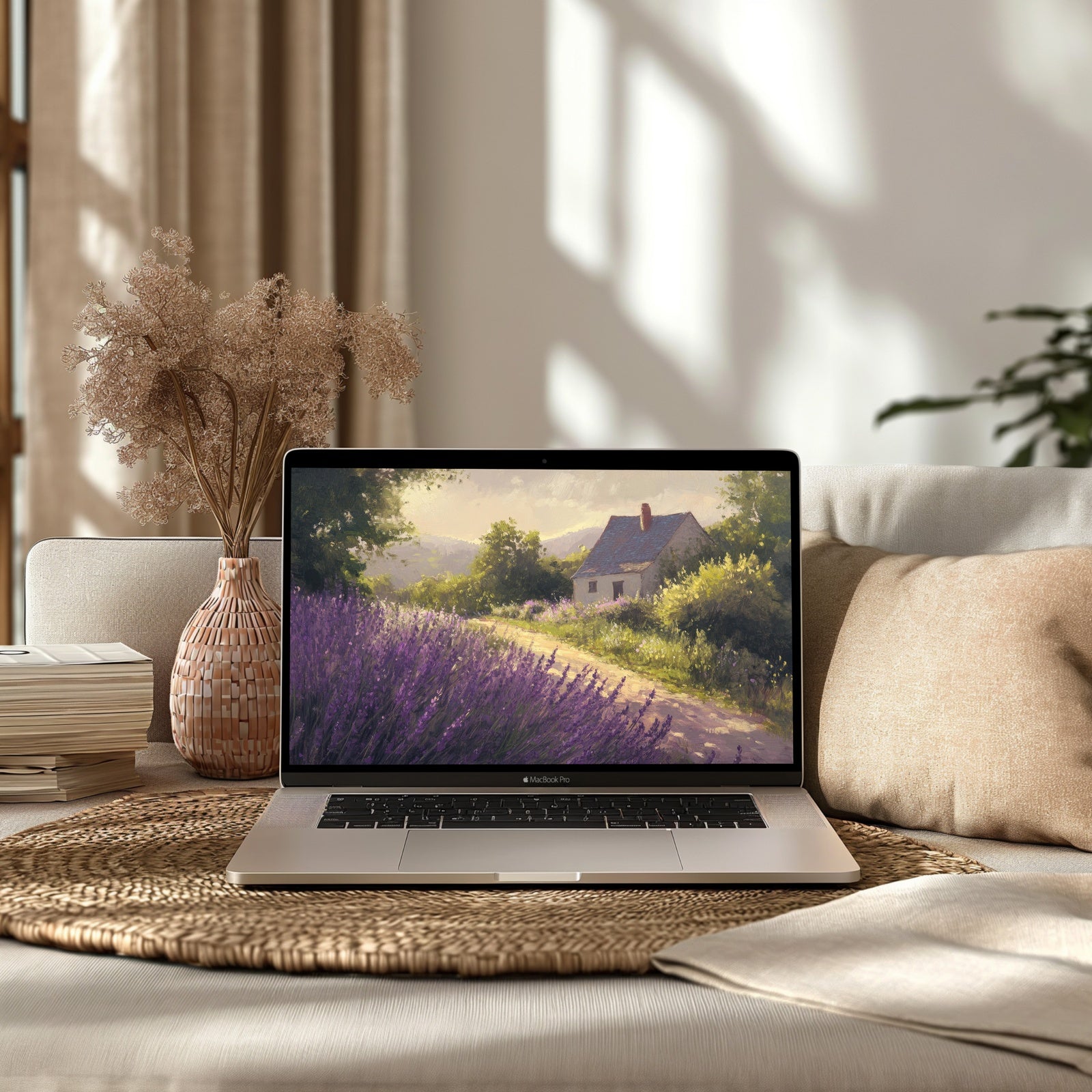 Farmhouse desktop wallpaper featuring a charming country cottage surrounded by blooming lavender fields. A warm and peaceful countryside scene that adds rustic elegance and cozy charm to your workspace