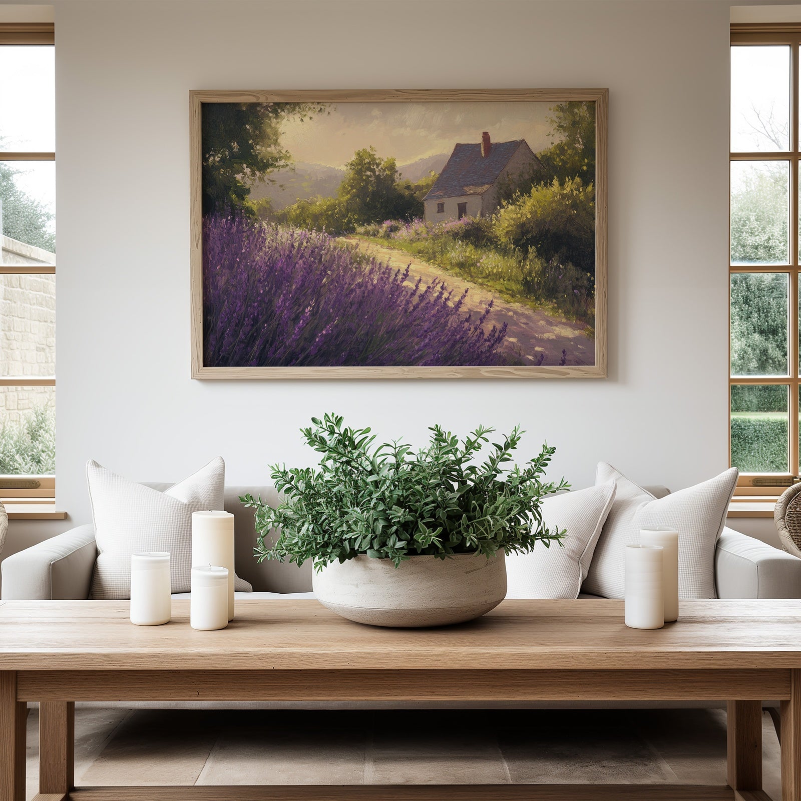 A cozy modern living room with neutral tones featuring a framed digital art print of a farmhouse surrounded by blooming lavender fields. The soft, painterly landscape brings a touch of countryside warmth and rustic charm to the elegant interior decor