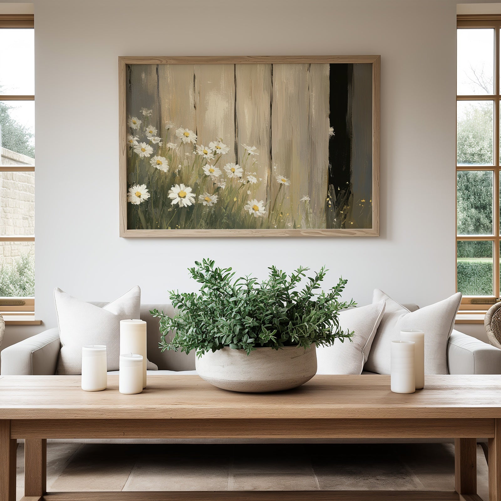 Farmhouse printable wall art featuring white daisies against rustic wooden planks, displayed in a bright modern living room with neutral furniture and natural wood accents