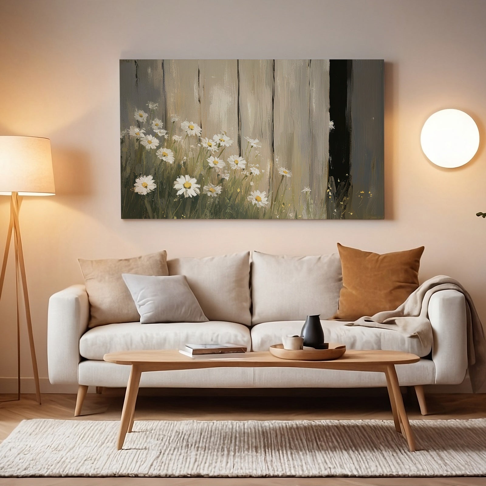 Farmhouse printable wall art featuring white daisies against rustic wooden planks, styled above a beige sofa with neutral pillows in a cozy living room setting
