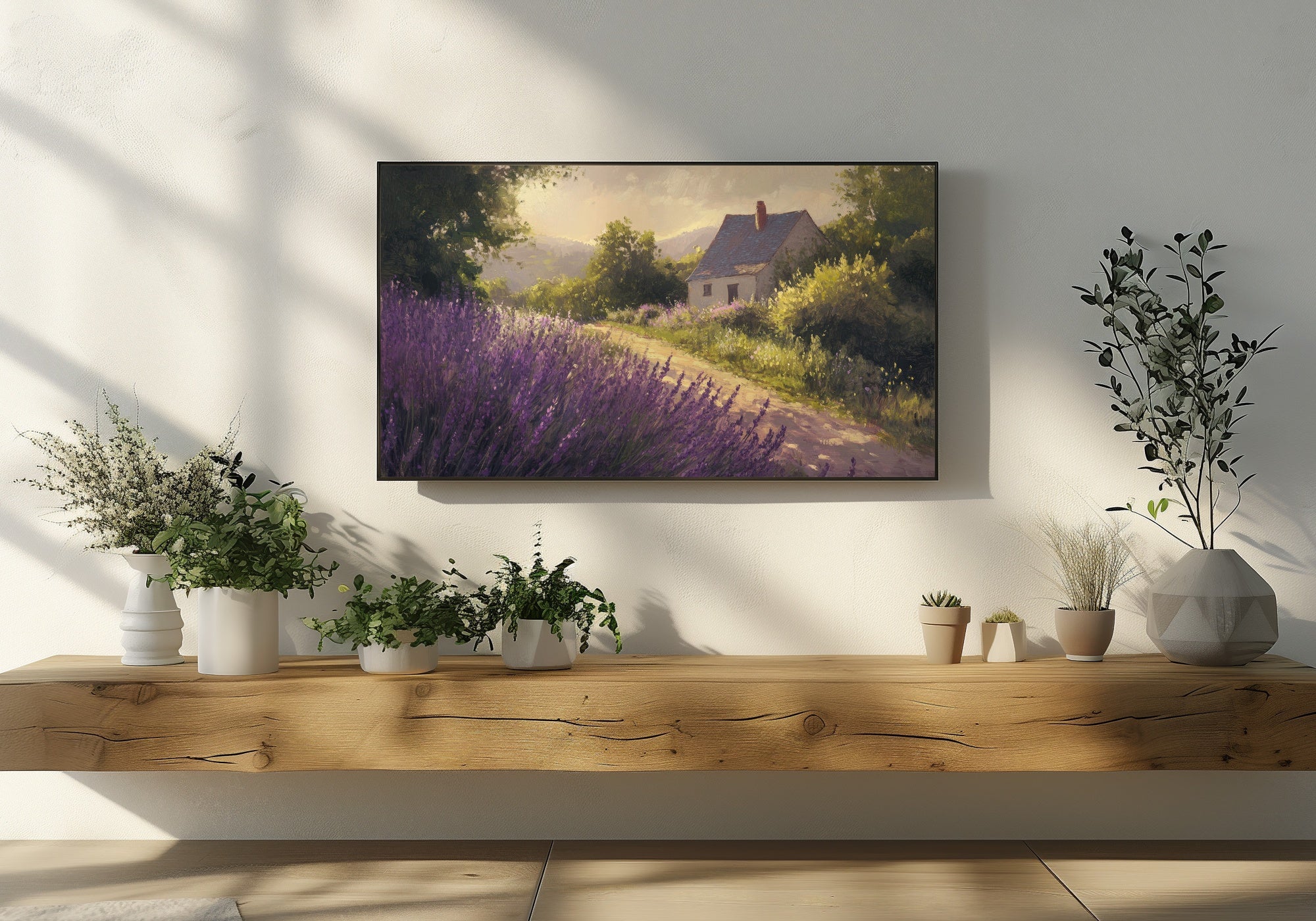 Farmhouse_Frame_TV_Art_Lavender_House_in_Modern_Living_Room