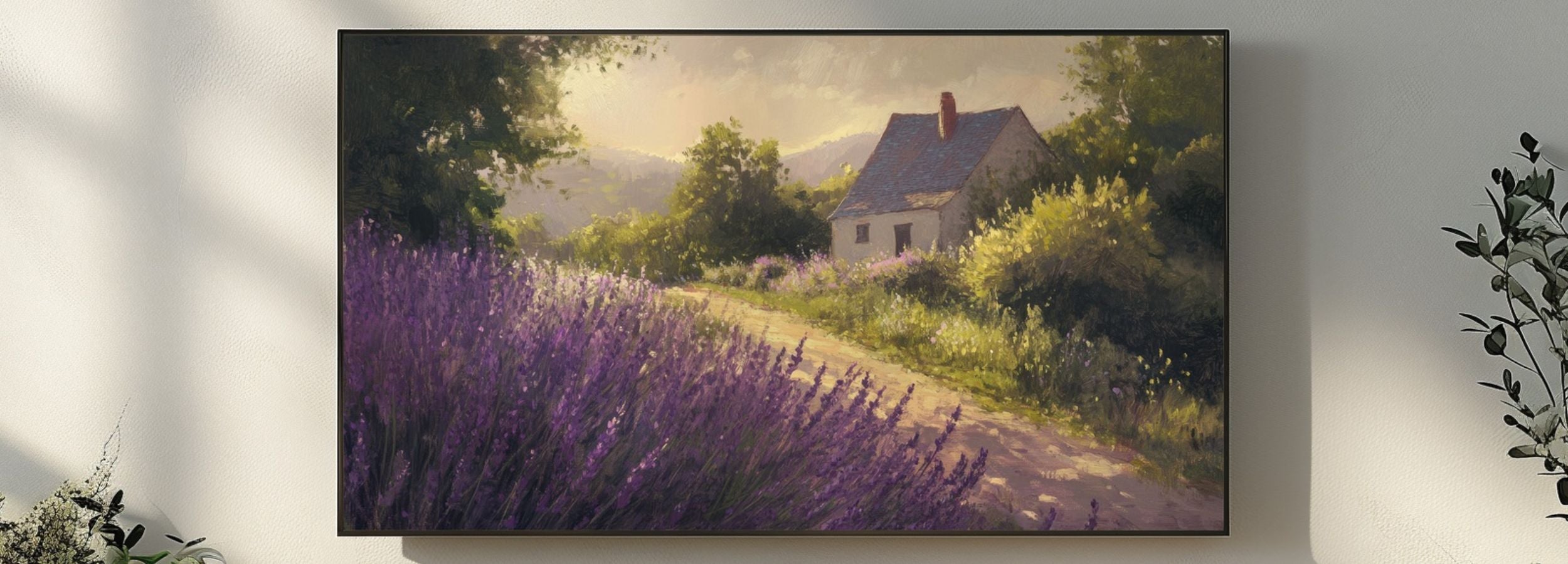 Farmhouse landscape digital painting with lavender field, country path and warm sunlight, rustic countryside art for modern Samsung Frame TV decor