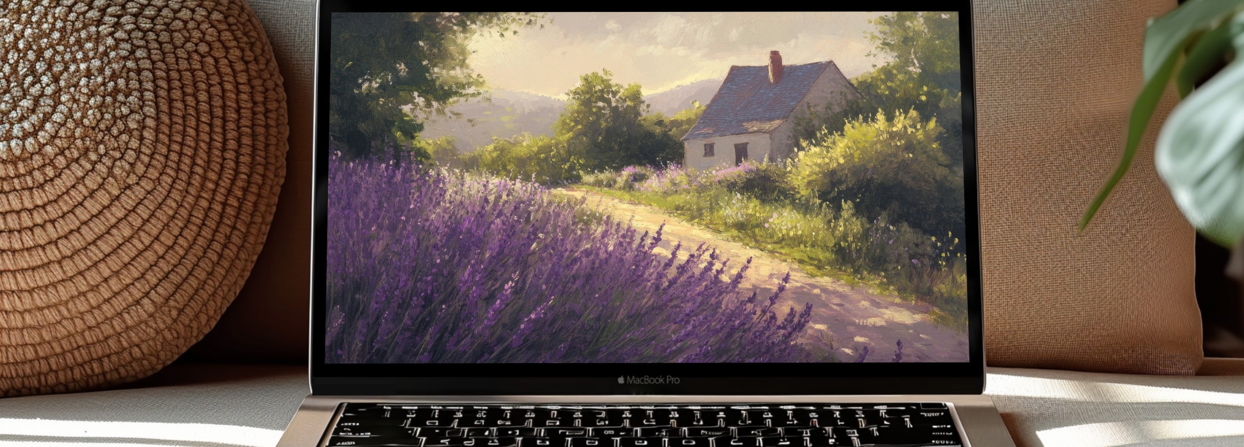 Farmhouse desktop wallpaper featuring a peaceful countryside cottage surrounded by lavender fields, designed to bring warmth, simplicity, and cozy charm to your digital workspace
