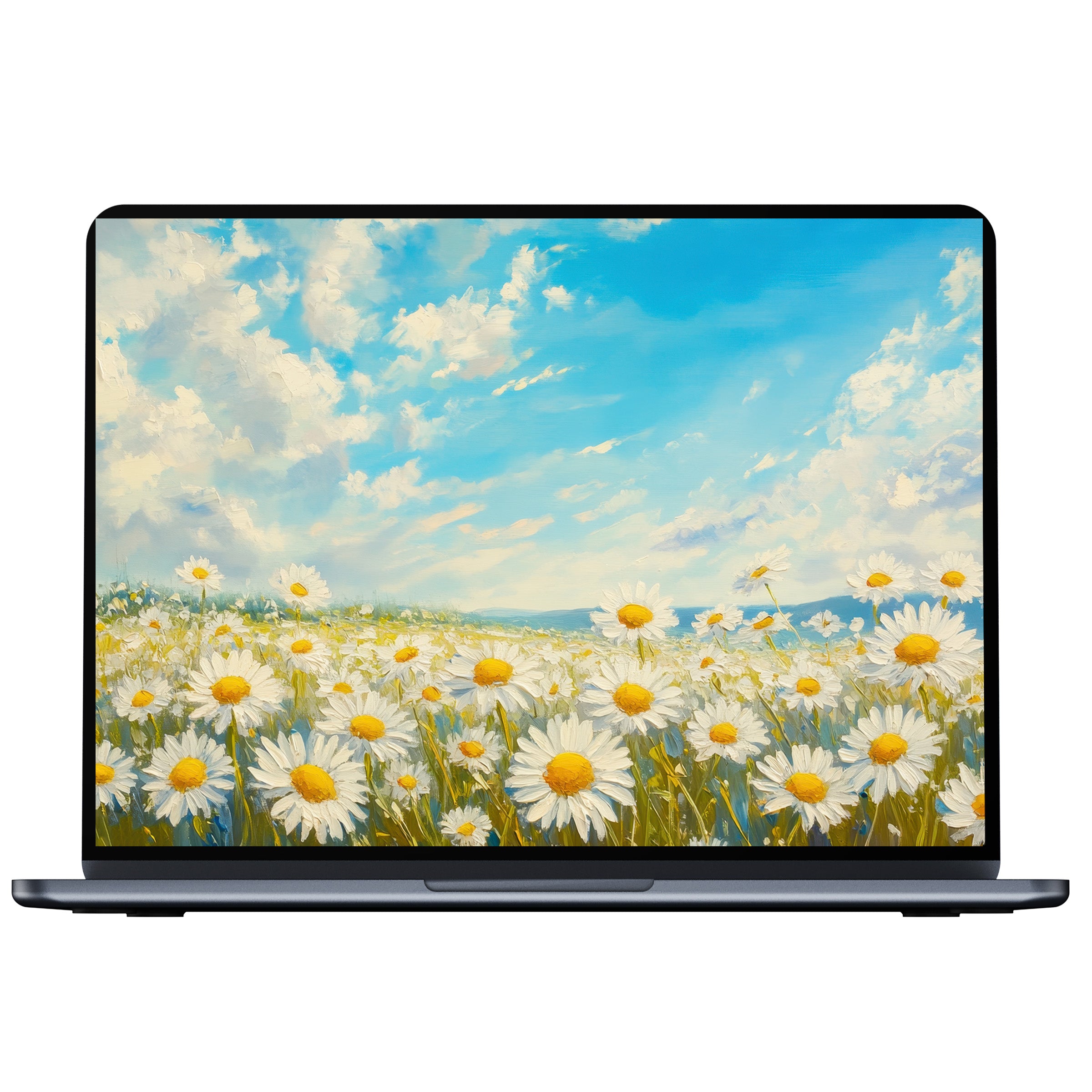 Floral desktop wallpaper digital download featuring serene daisies under a vibrant sky fits PC laptop Mac inspiring elegance