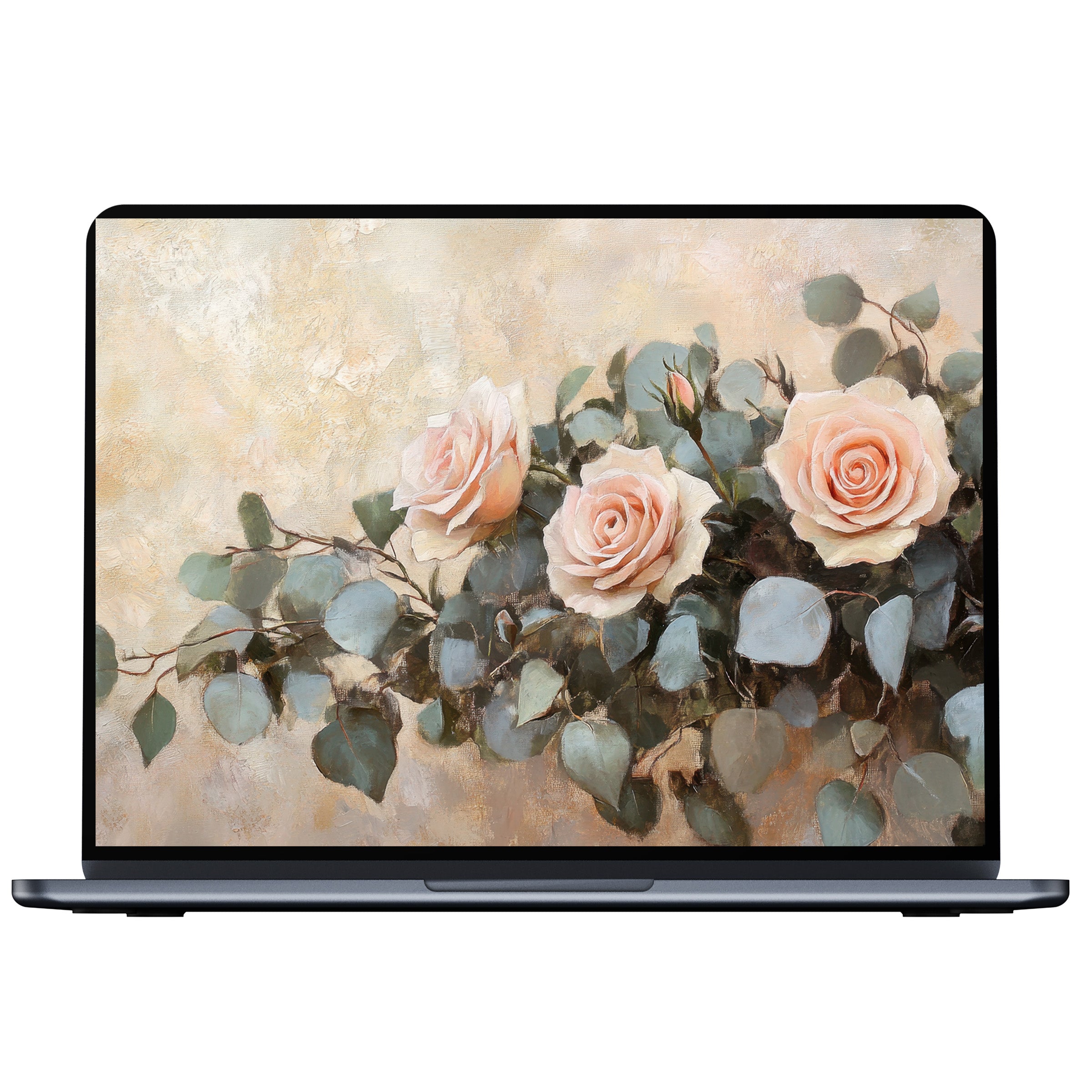 Romantic floral desktop wallpaper digital download featuring soft pink roses and lush greenery for PC and laptop tranquility
