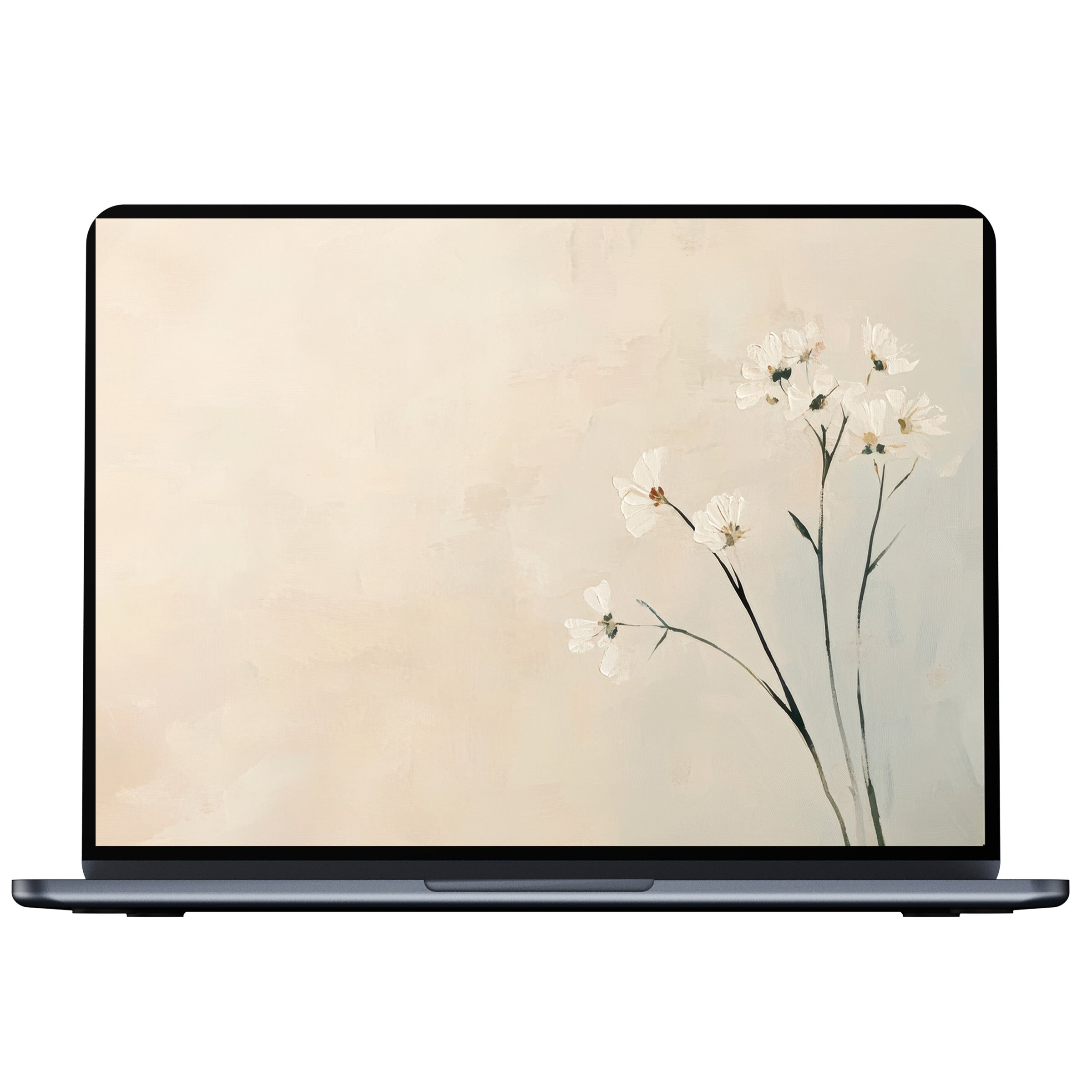 Elegant floral desktop wallpaper features delicate white blossoms on a soothing beige background perfect for PC or laptop digital download