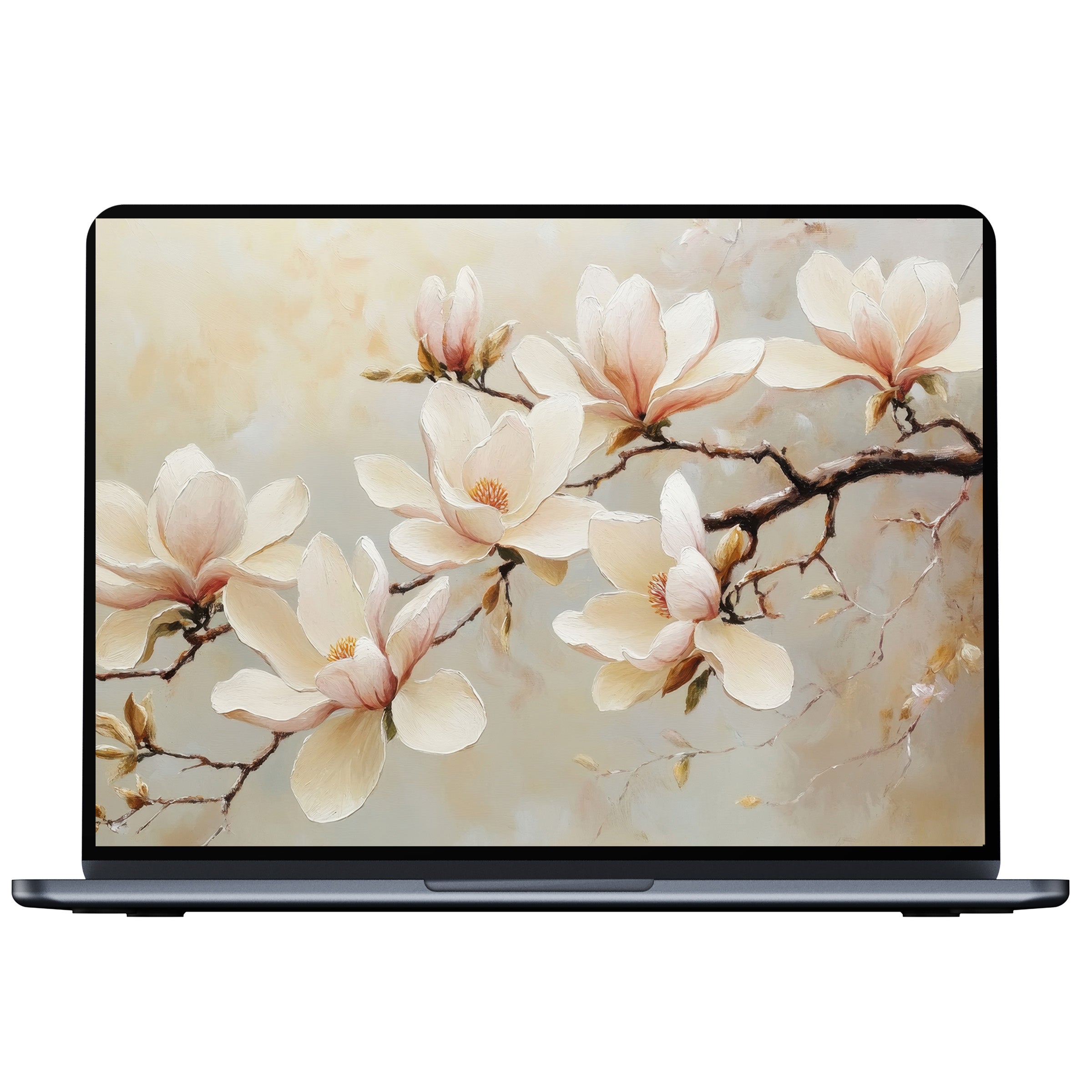 Elegant floral desktop wallpaper featuring delicate magnolia branches in soft pastels for PCs and laptops digital download