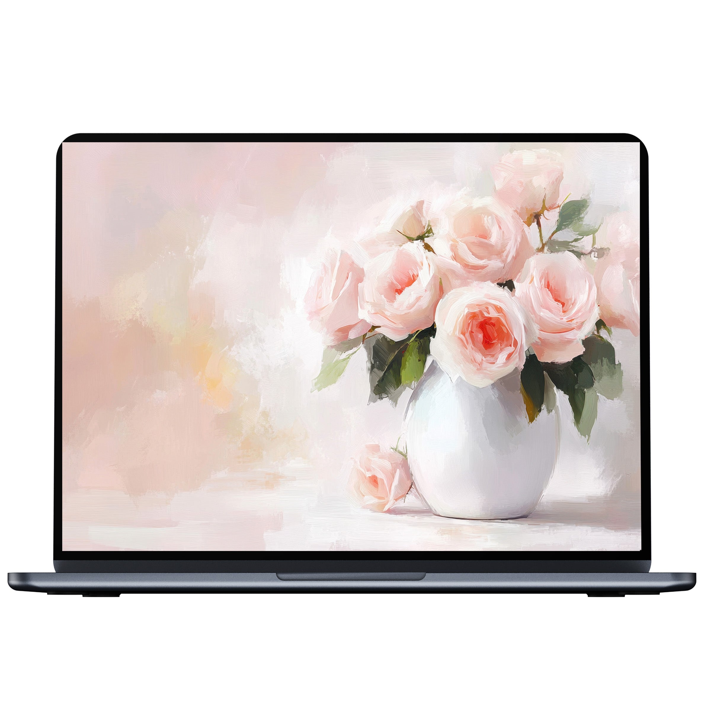 Elegant floral desktop wallpaper showcasing soft pink roses in a vase digital download for mindful PC or laptop design inspiration