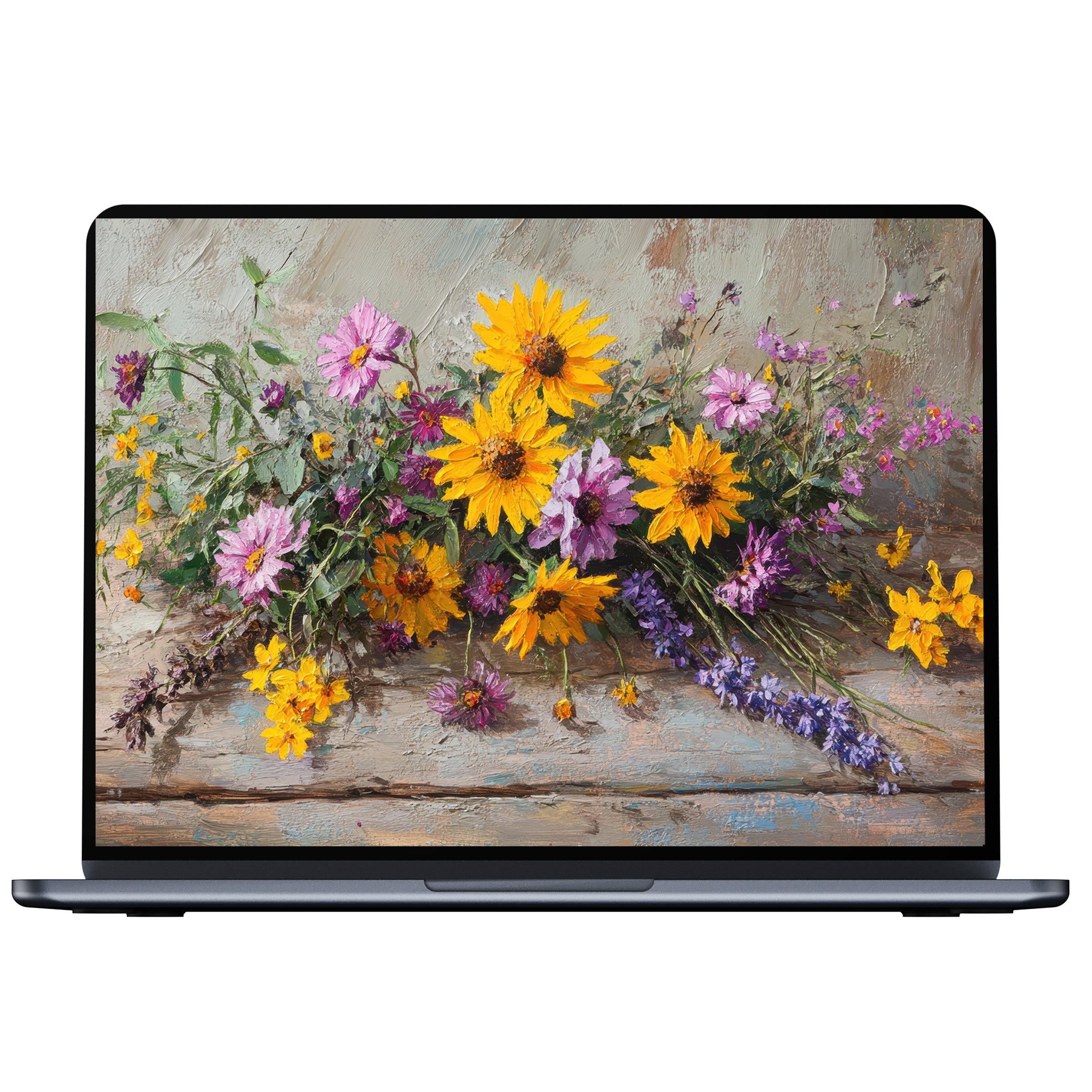 Floral desktop wallpaper digital download featuring vivid yellow and purple blooms for PC and laptop offering calm elegance and inspiration