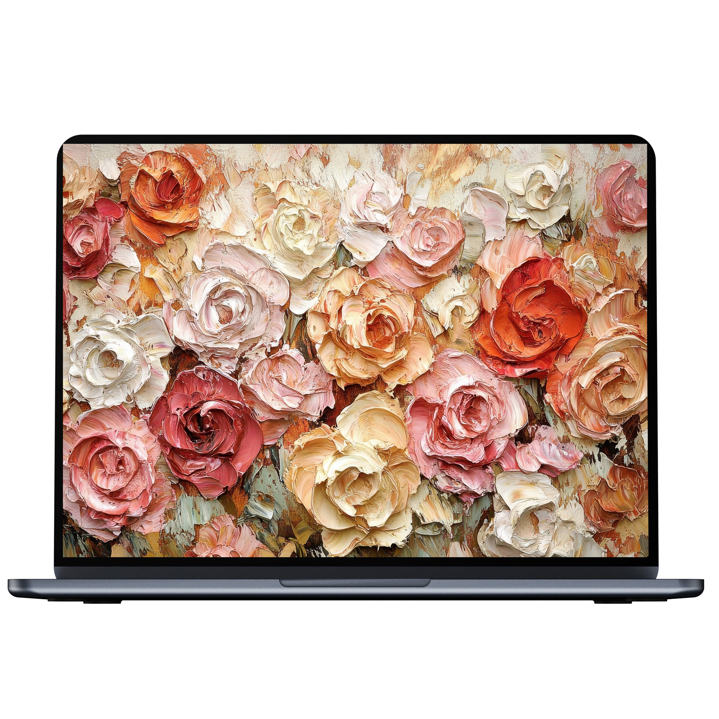 Floral desktop wallpaper with rich textured roses in warm tones inspiring elegance and calm suitable for PC, laptop digital download