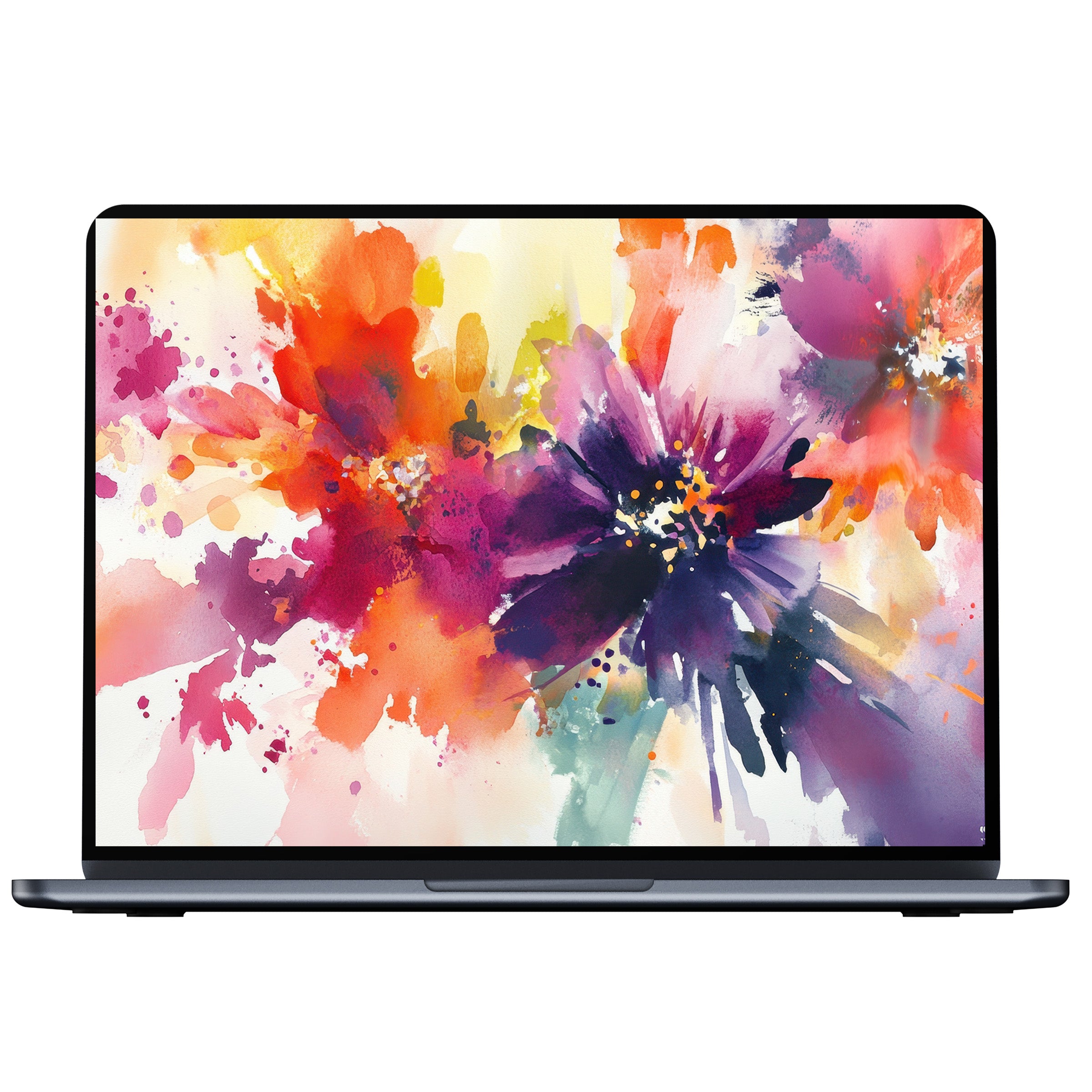 Vibrant floral desktop wallpaper with watercolor blooms in purple and orange for a calming digital download on PC or laptop screens