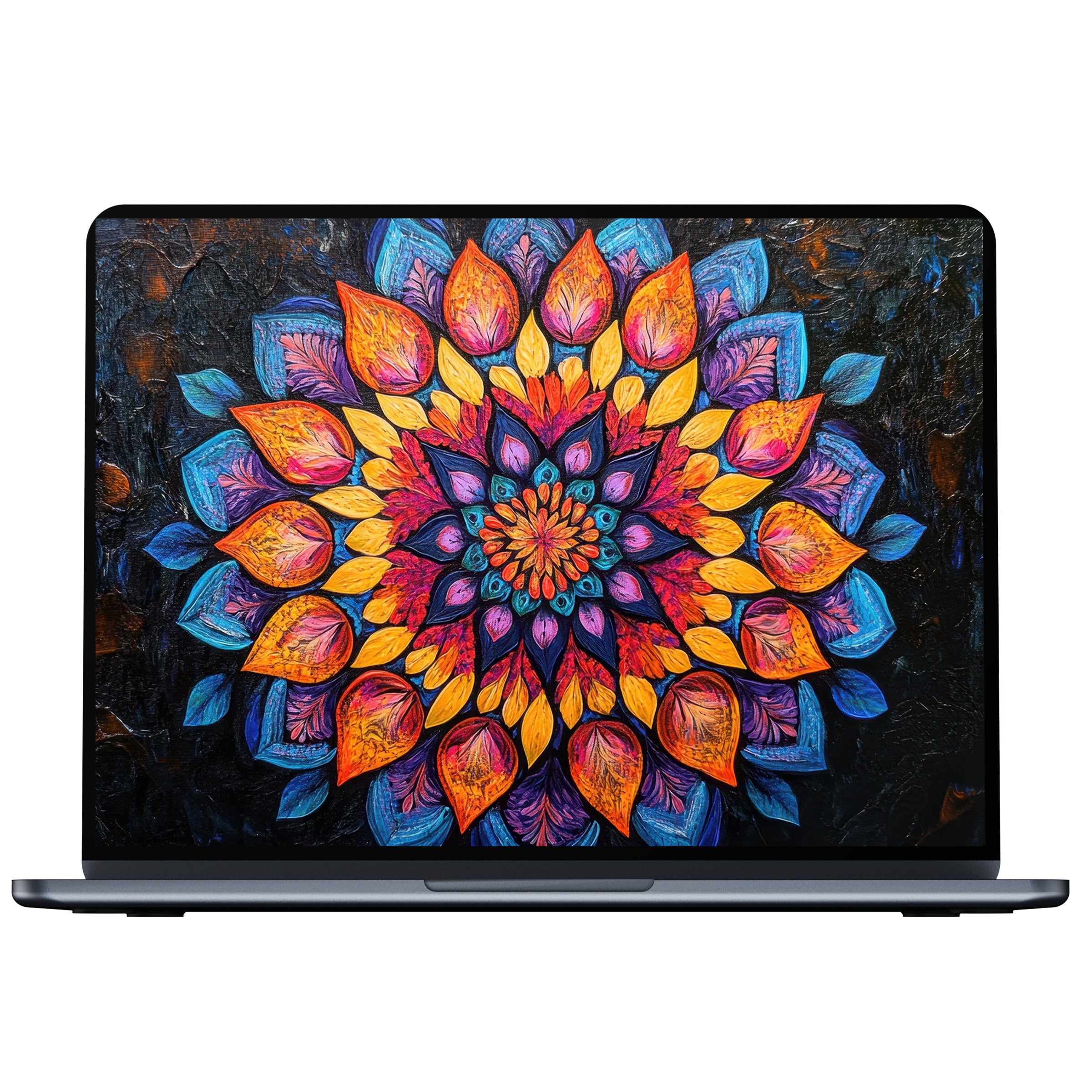Vibrant floral desktop wallpaper with a mandala design in vivid oranges and blues, perfect digital download for PC or laptop tranquility