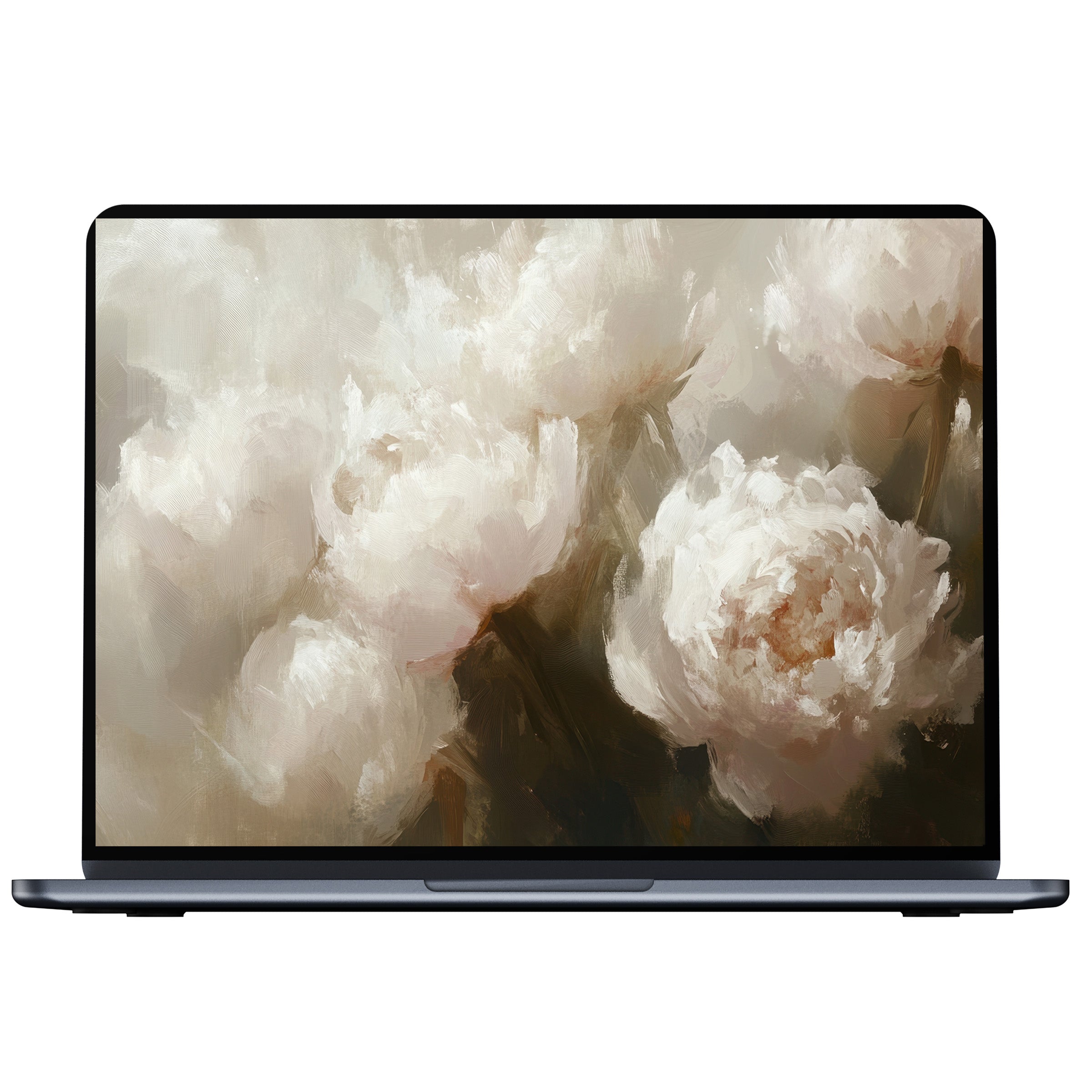 Floral desktop wallpaper showcasing serene white peonies in a soft digital download for PC or laptop offering mindful elegance