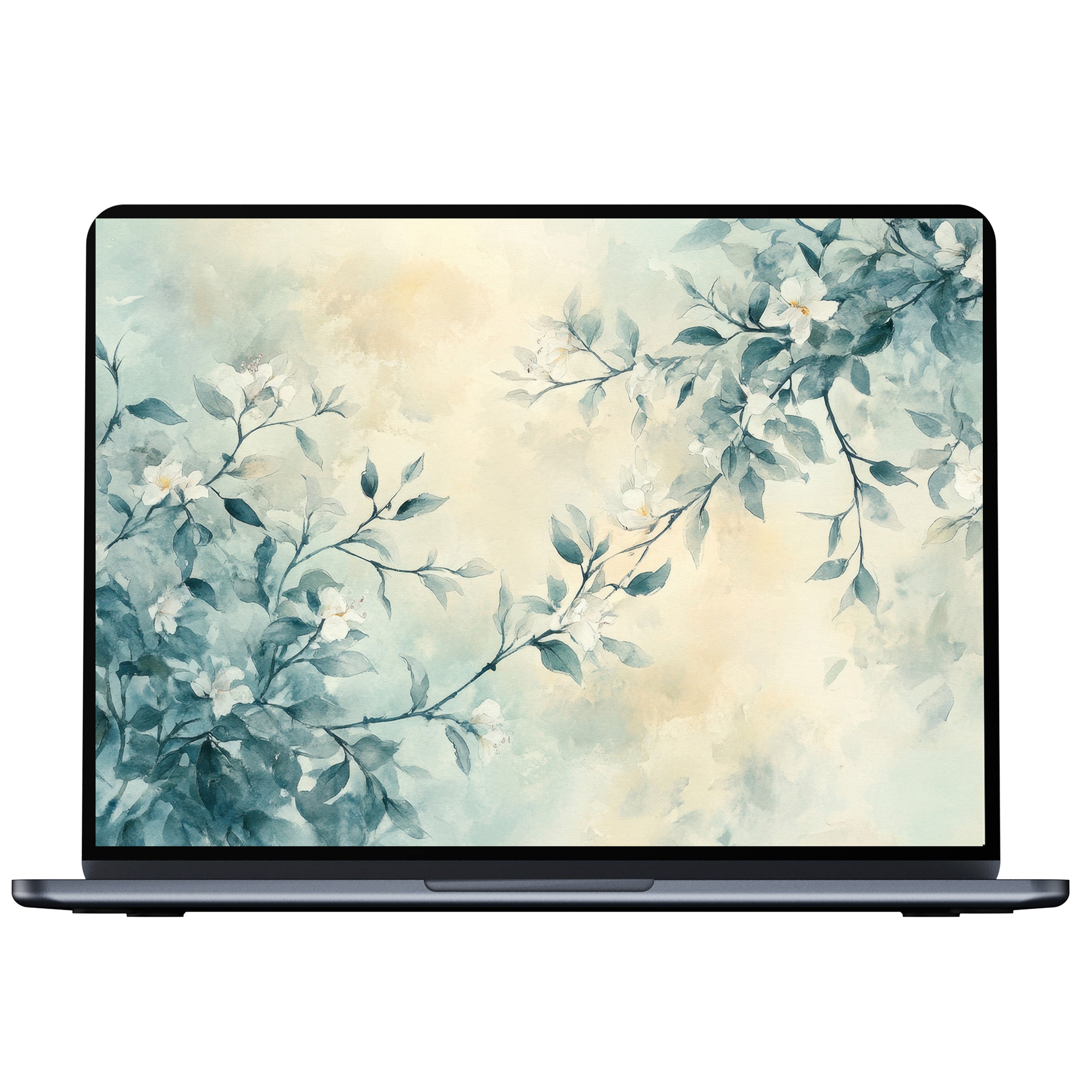 Dreamy floral desktop wallpaper with watercolor leaves exudes calm elegance for digital download fitting PC and laptop screens