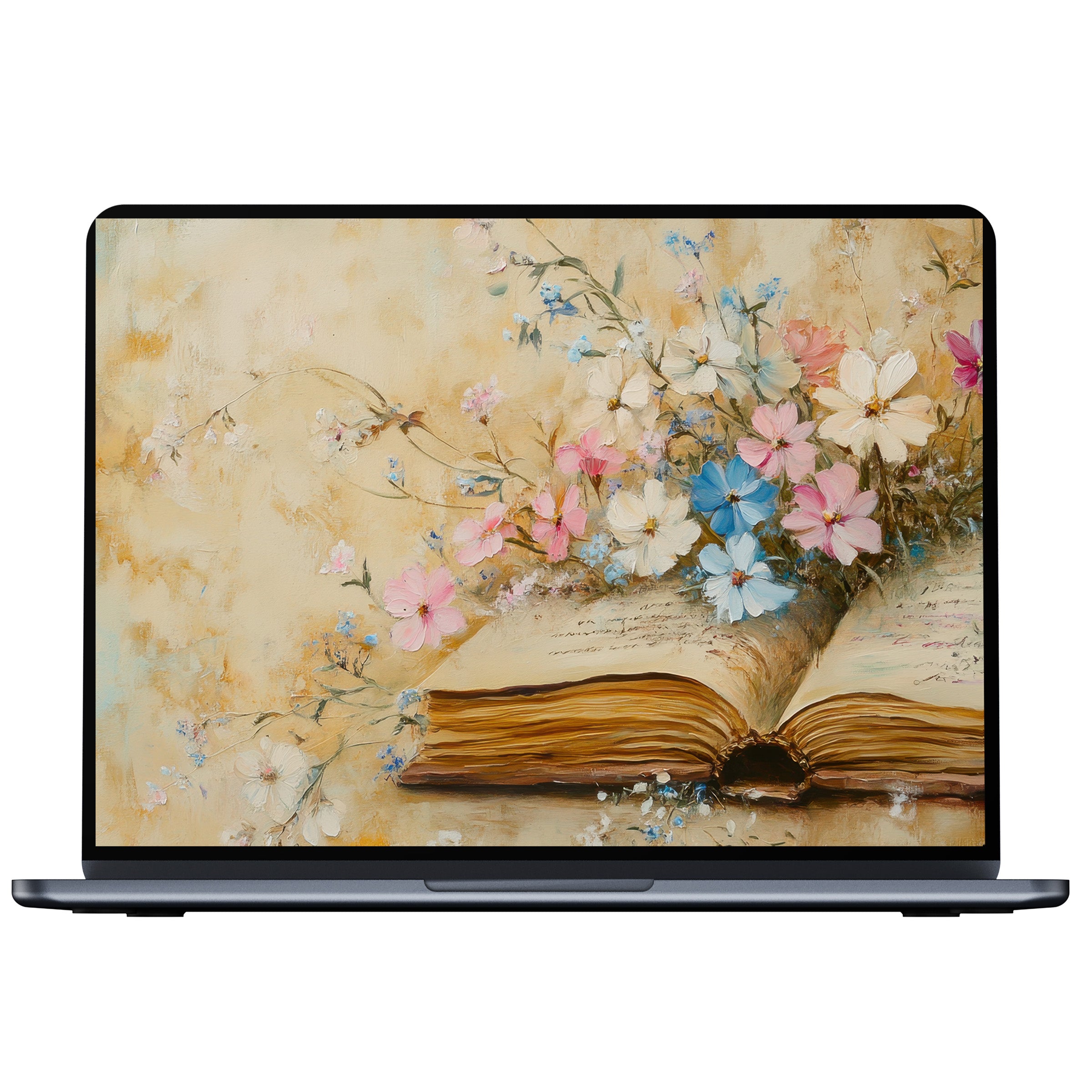Floral desktop wallpaper digital download with delicate blooms and vintage book offers elegant calm for PC and laptop screens