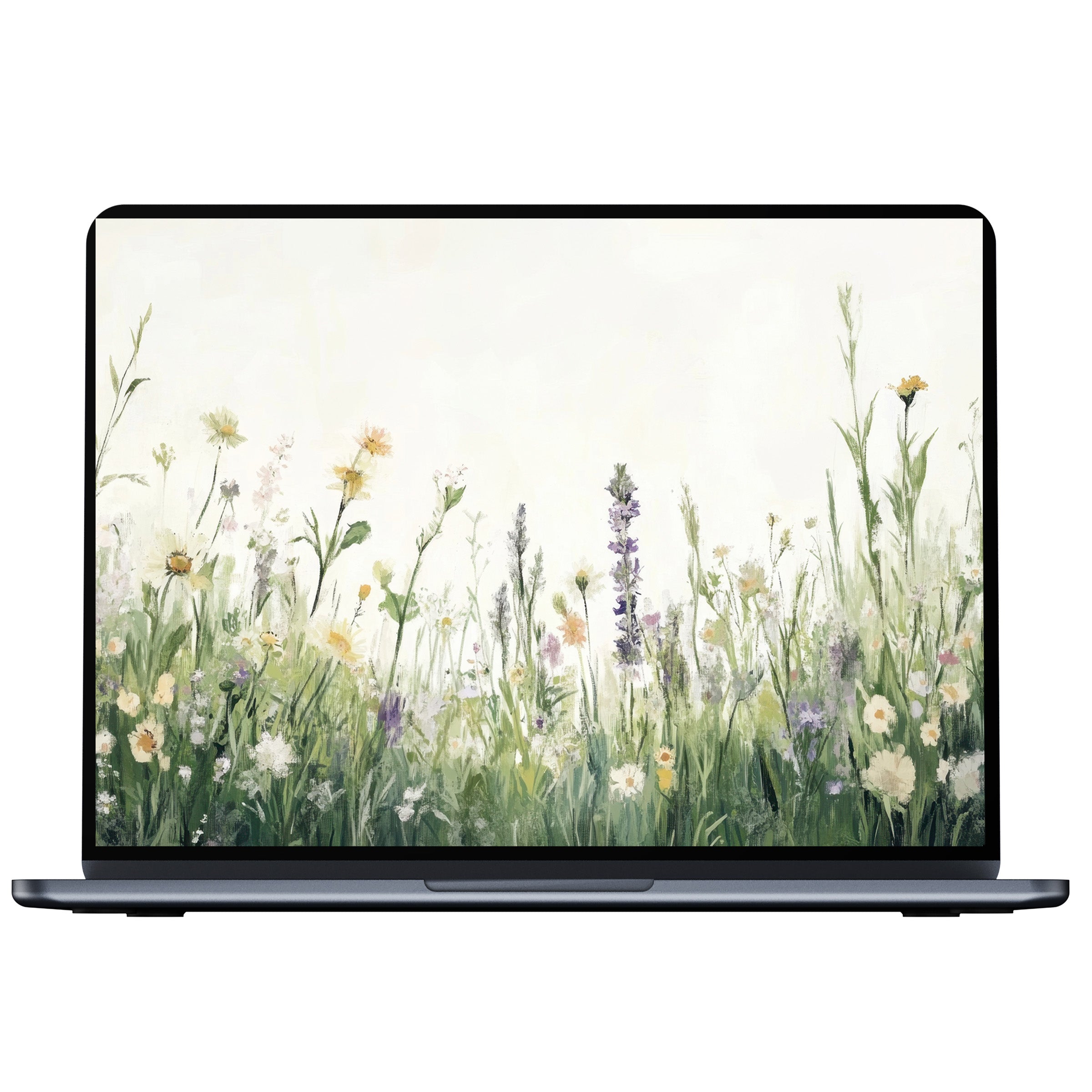 Elegant floral desktop wallpaper digital download for PC and laptop with calming greenery and delicate wildflowers inspiring tranquility