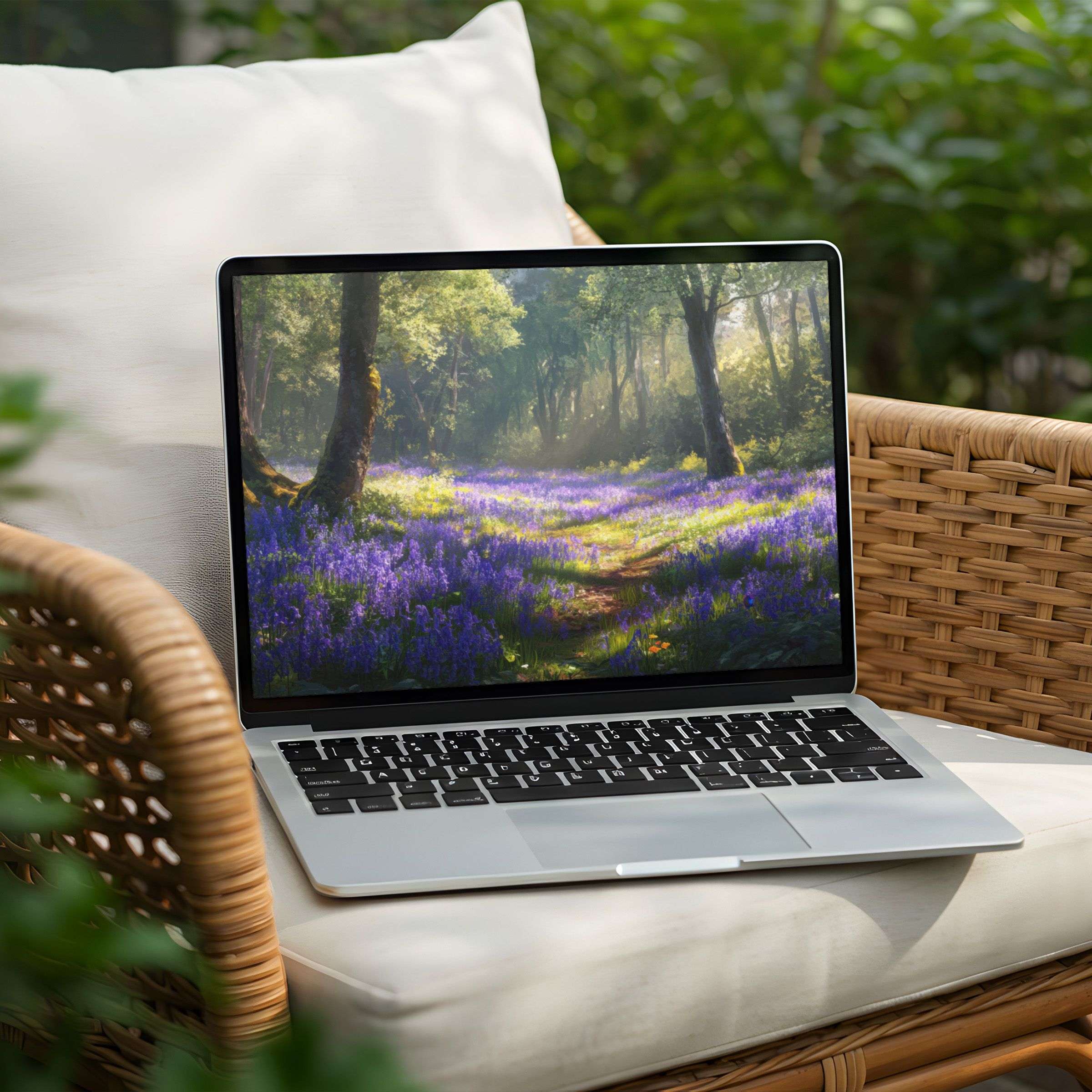 Serene forest path with purple flowers, desktop background for instant download on PC or Laptop inspiring calm and elegance