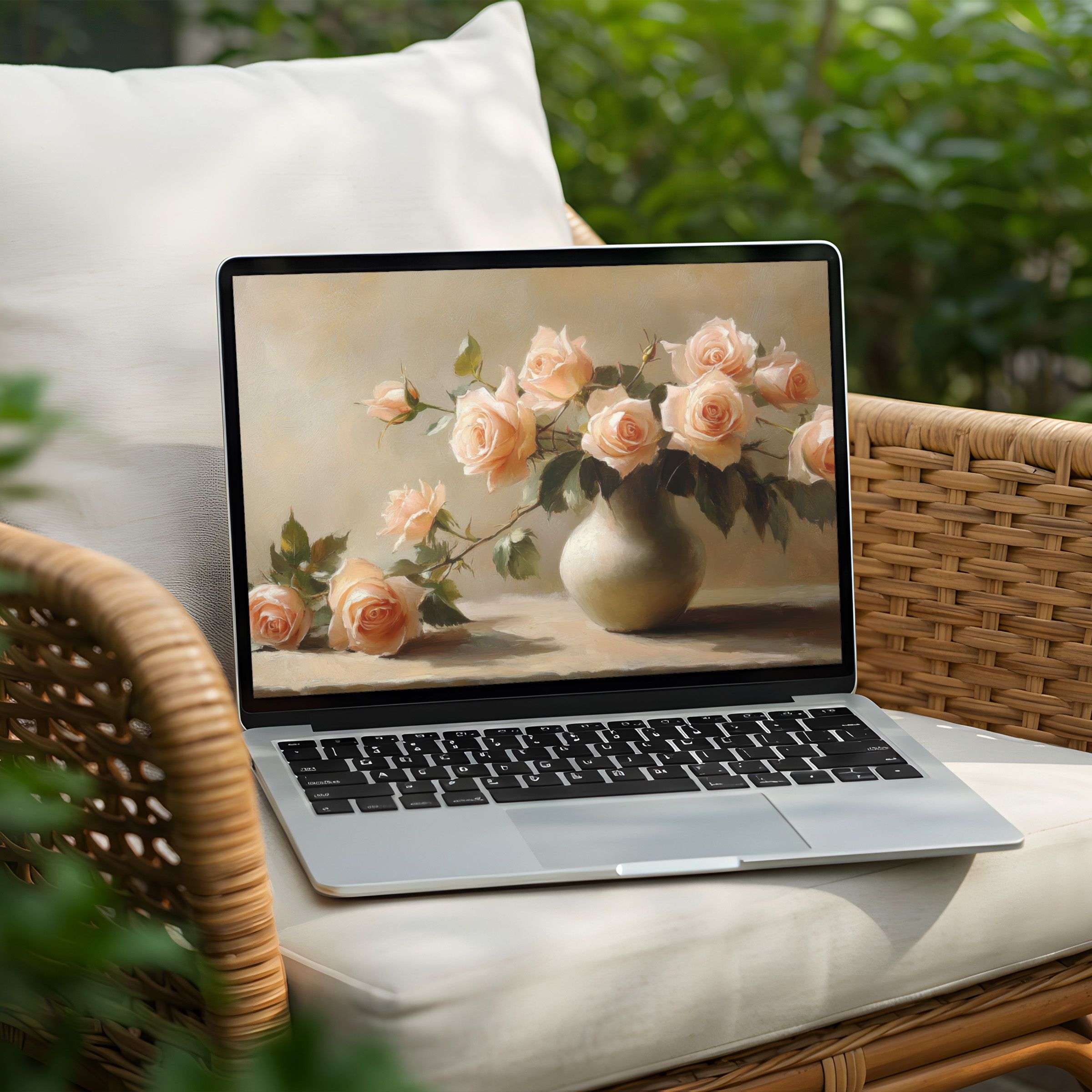 Elegant roses in soft hues adorn a PC and Laptop desktop background, offering instant download for a calming work environment
