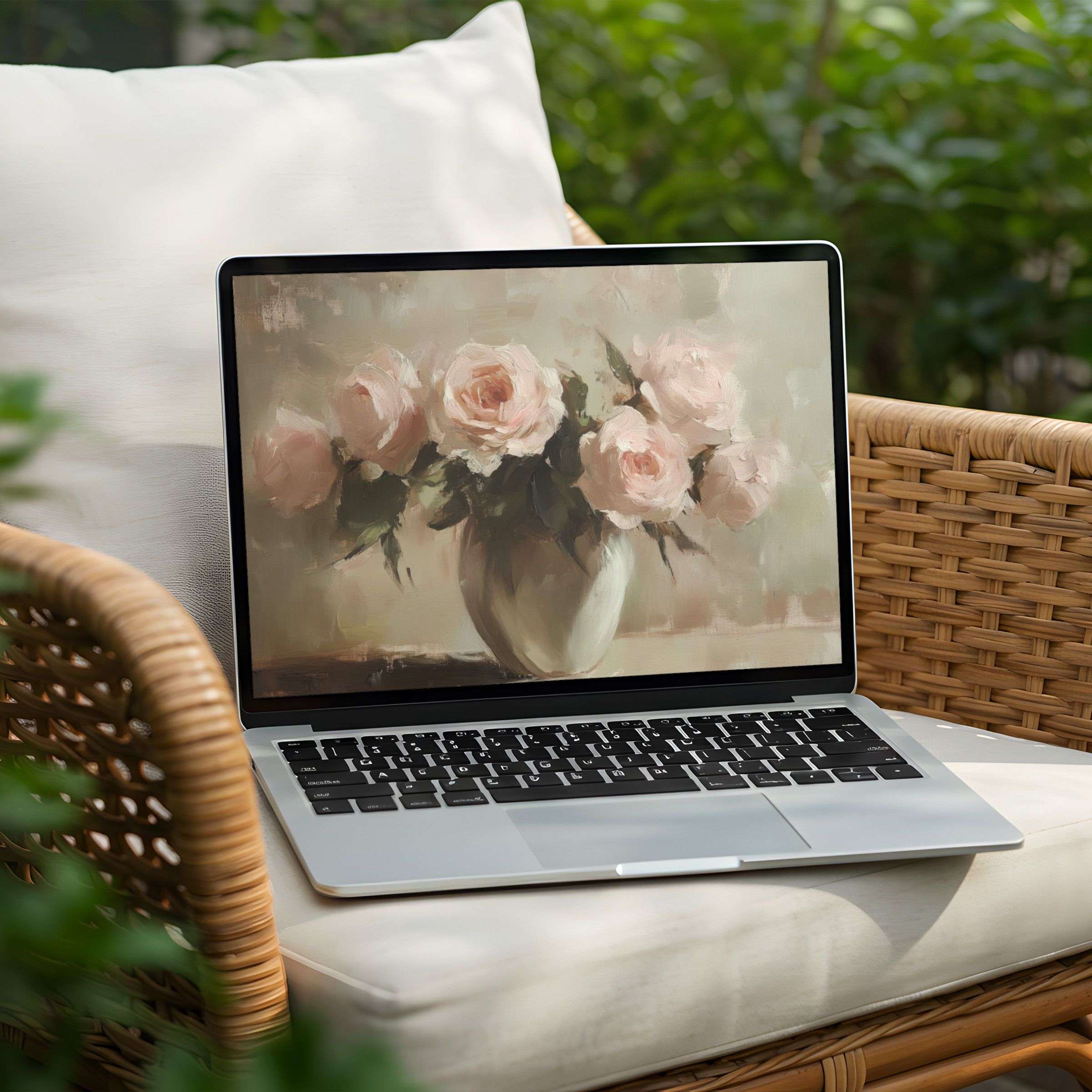 Elegant floral desktop background on a PC screen in a serene garden setting offers instant download for mindful laptop decor