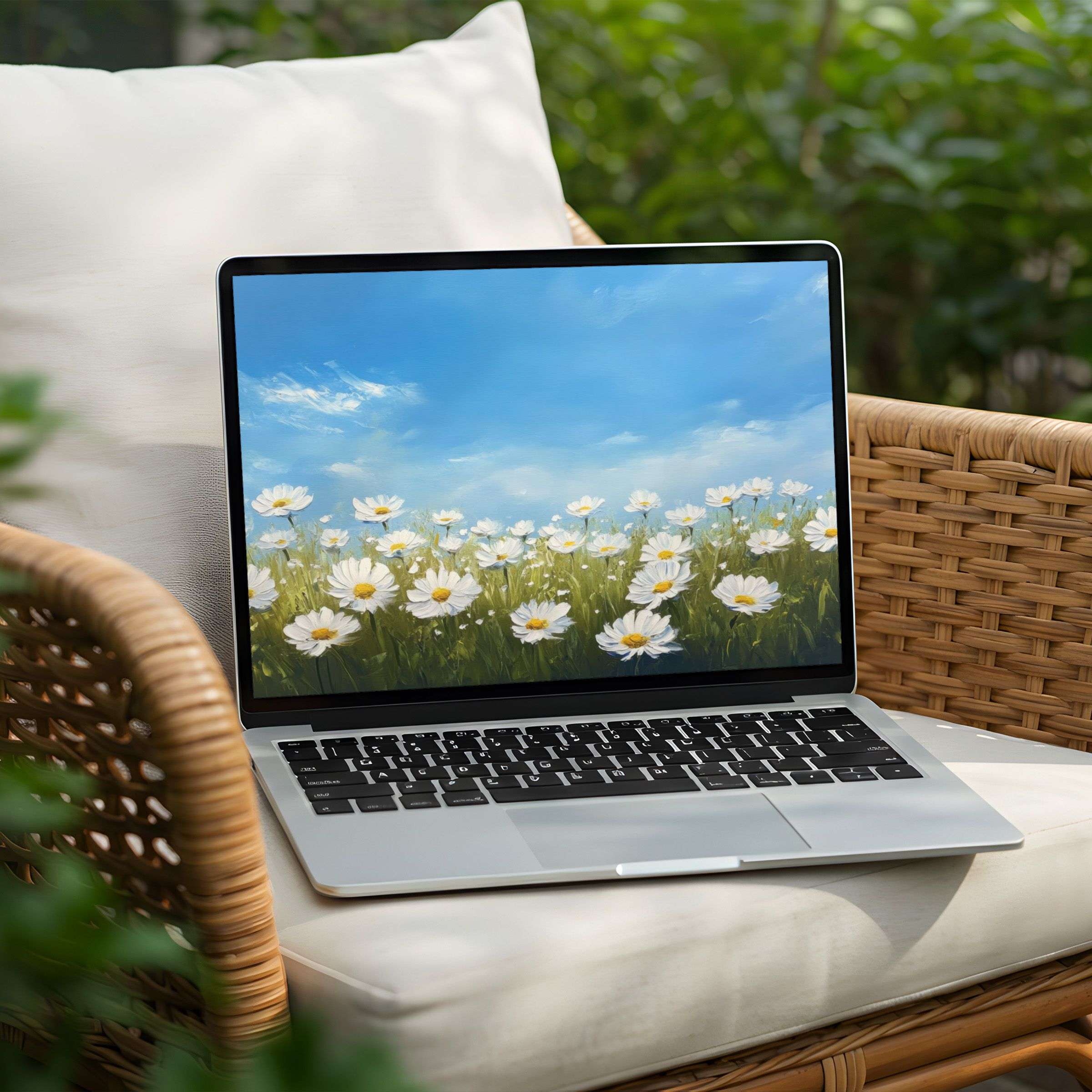 Inspiring desktop background of daisies under a blue sky for PC or Laptop instant download promoting calm and elegance
