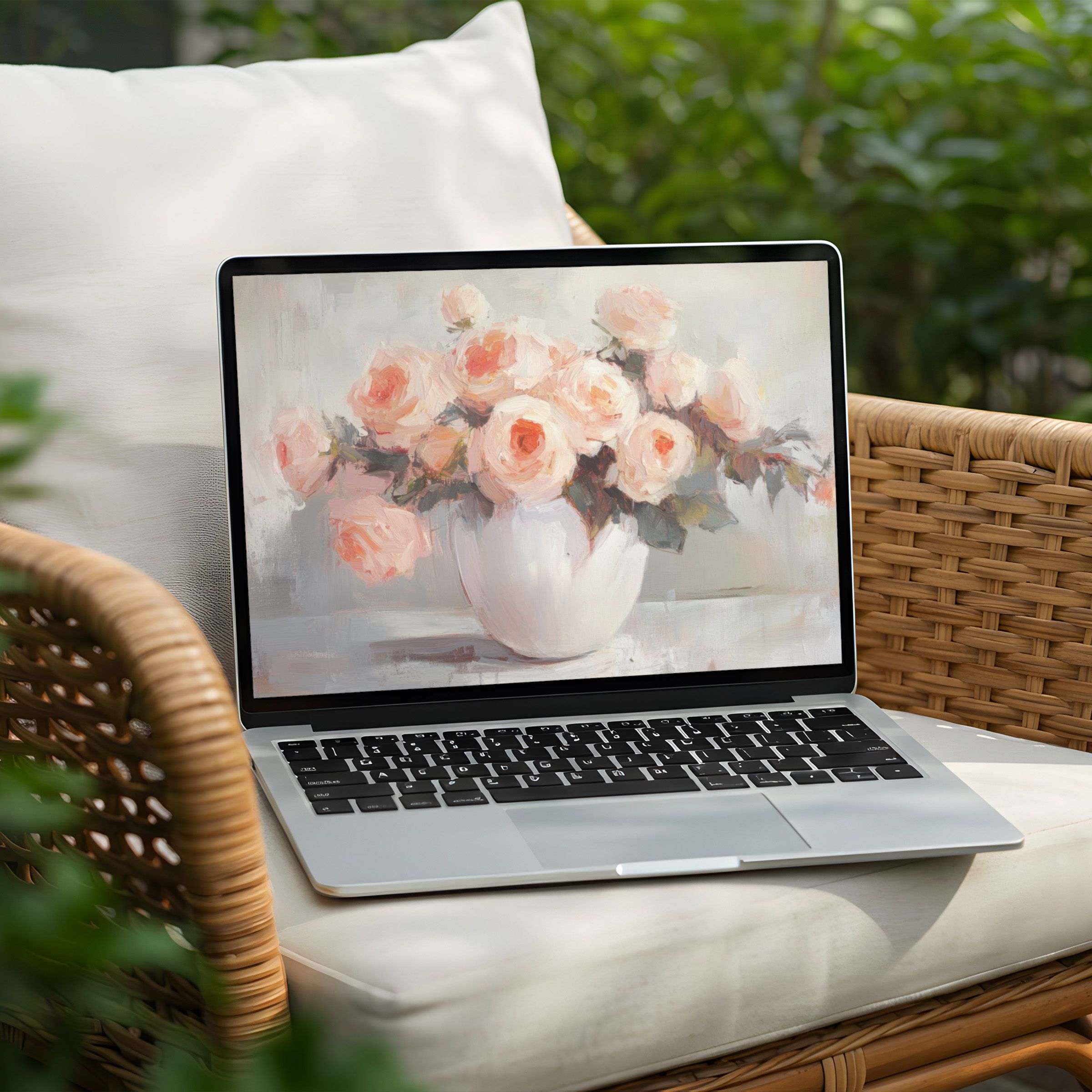 Elegant floral desktop background on a PC or Laptop inspires calm with soft pink roses in vase for instant download bliss
