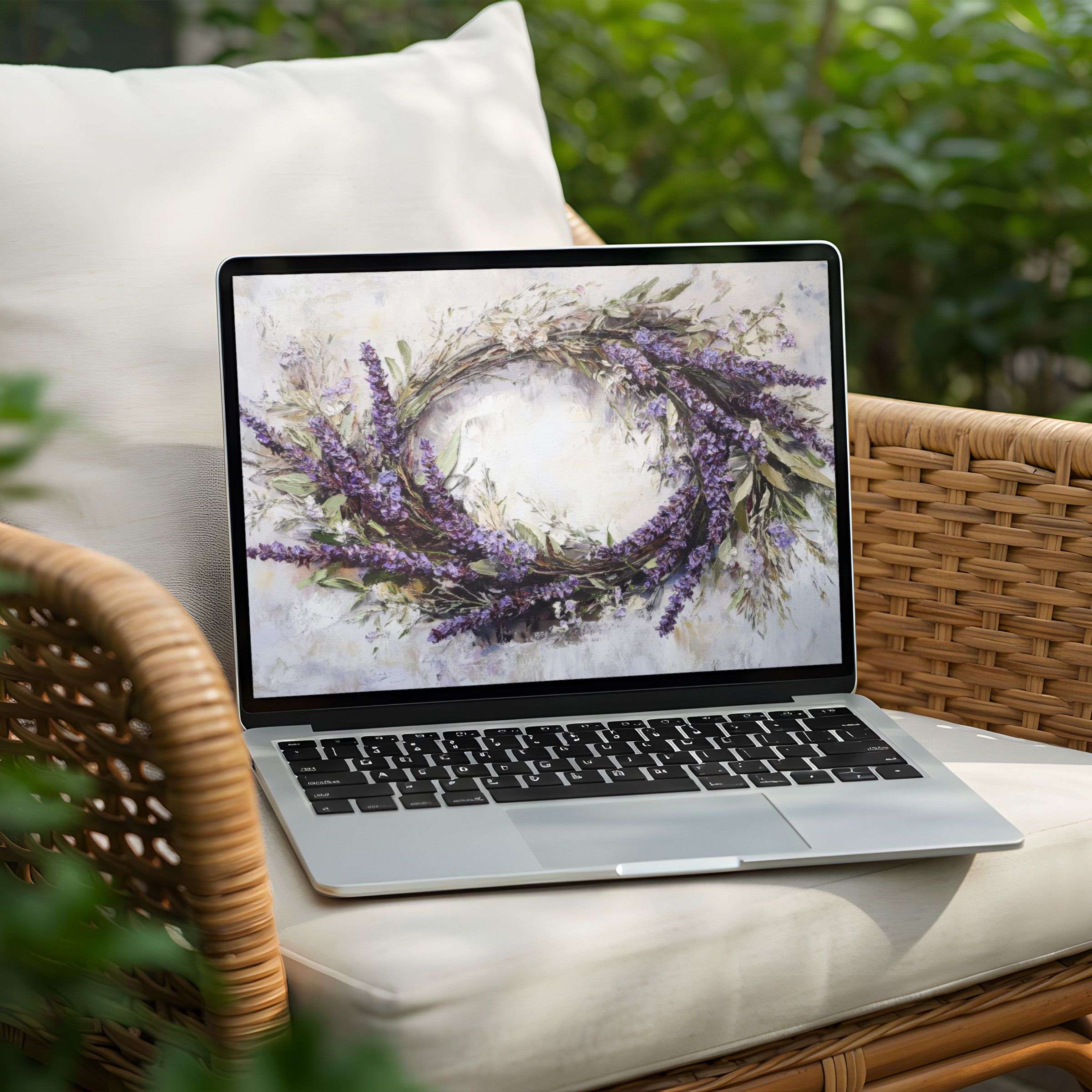 Lavender wreath desktop background for PC or Laptop; instant download offering calm elegance and inspiration for mindful design
