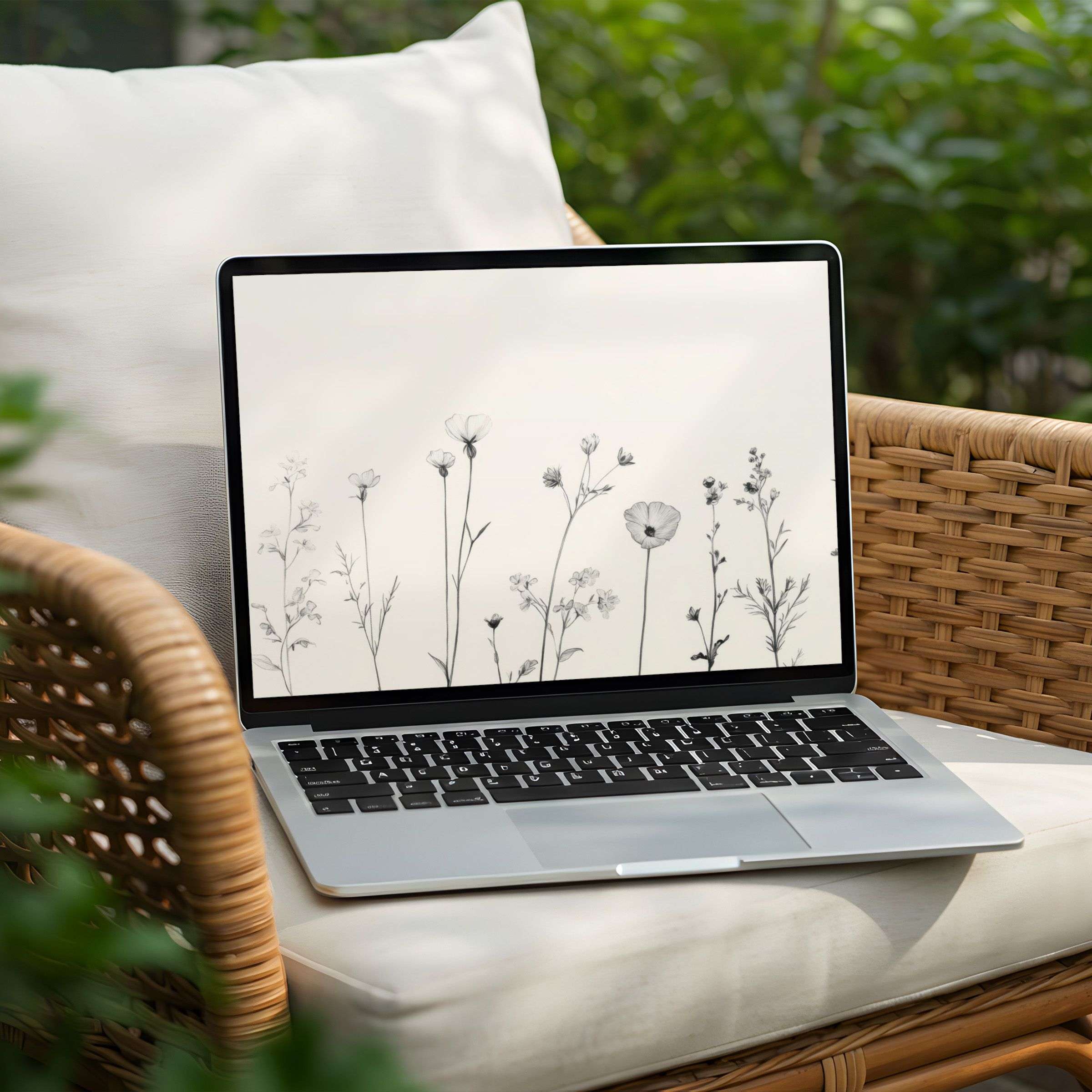 Serene black and white floral desktop background for PC or Laptop, perfect for instant download, inspires calm and elegance