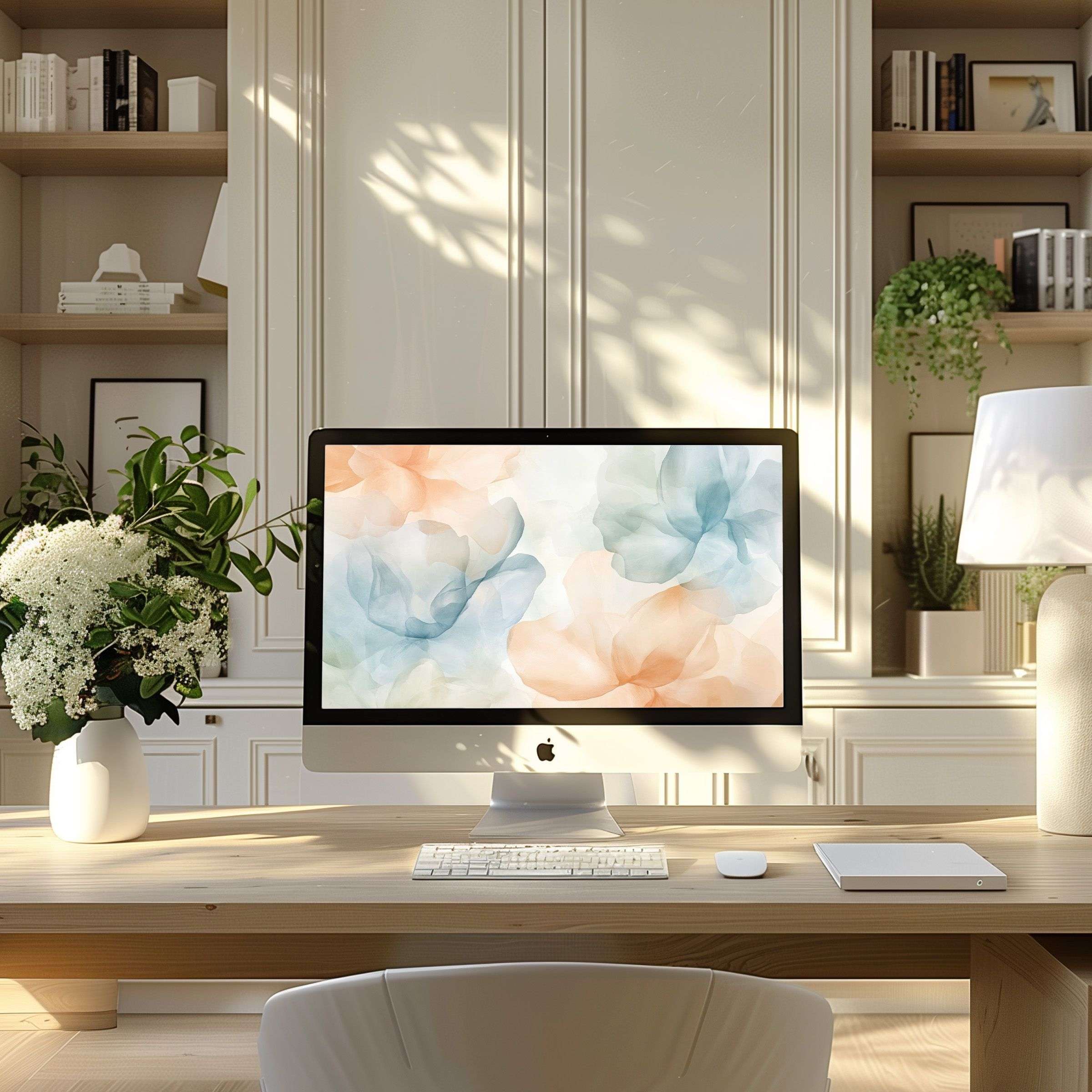 Elegant watercolor floral wallpaper for computer brings calm inspiration to your modern PC or laptop workspace digital download