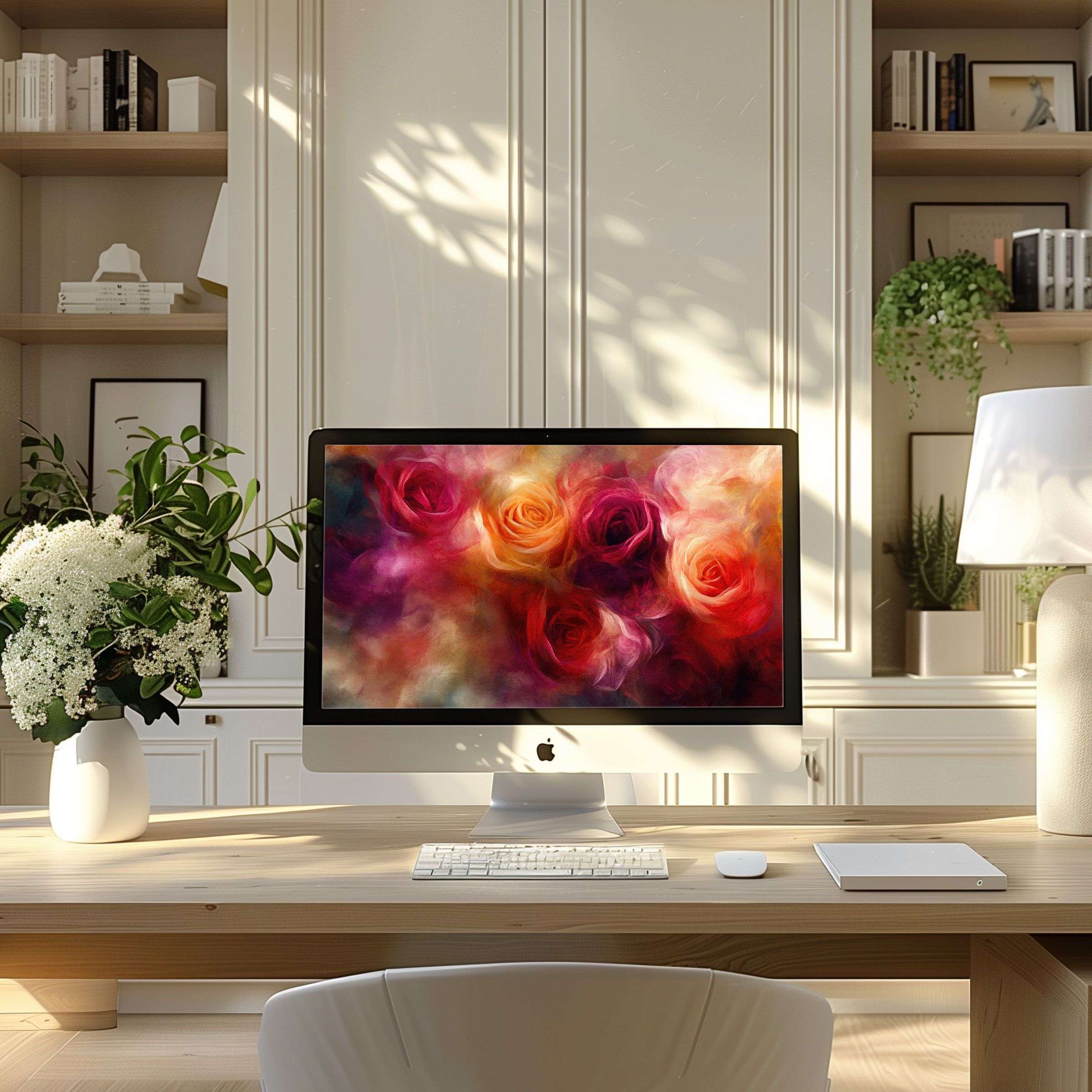 Elegant floral digital art enhances relaxation in a modern home office, perfect as wallpaper for computer, PC, laptop, ultrawide download