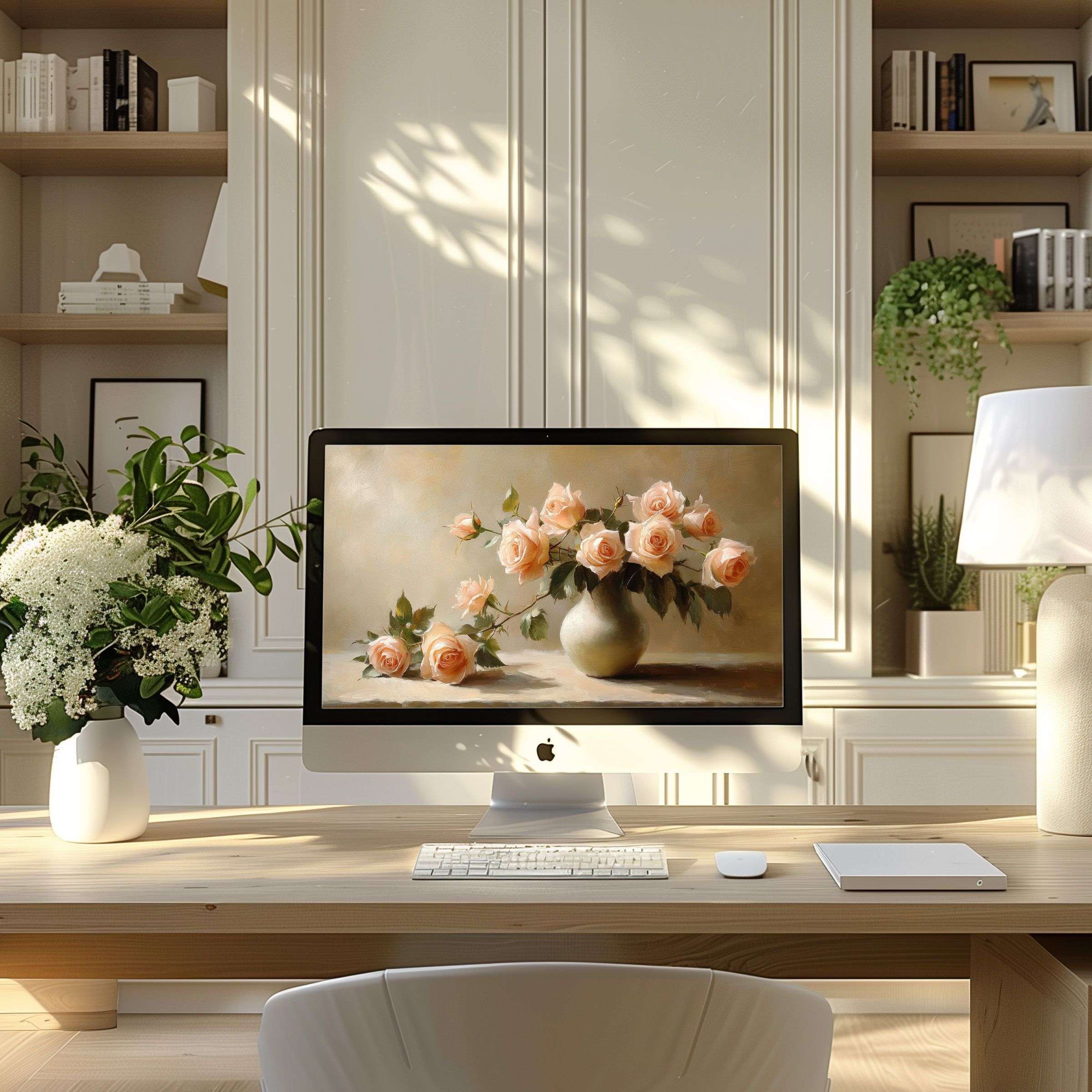 Elegant pink roses in a vase bring calm and inspiration to this modern home office wallpaper for computer, PC, or Laptop