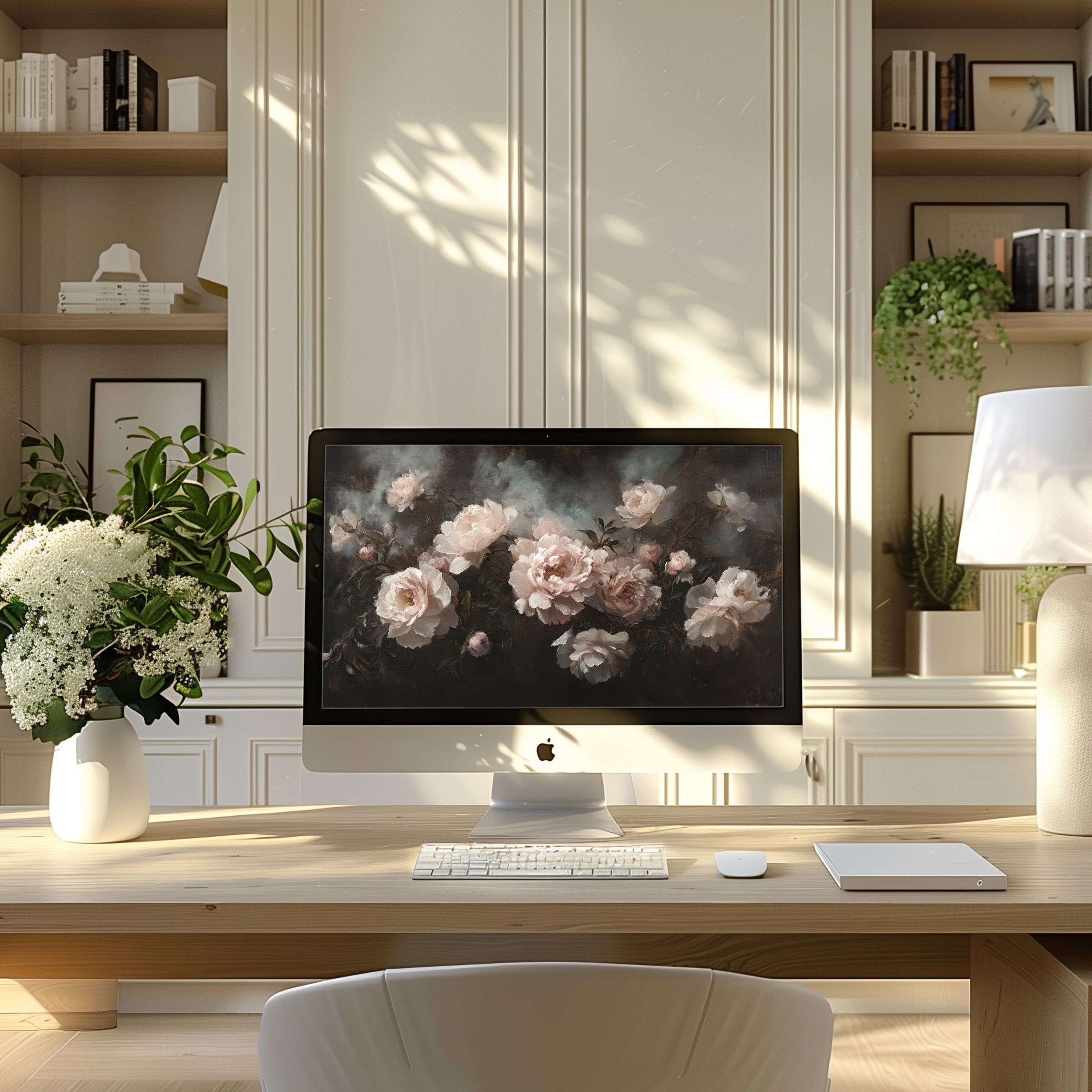 Elegant floral wallpaper for computer adds calming inspiration to a modern home office desk, ideal for any PC or laptop setup