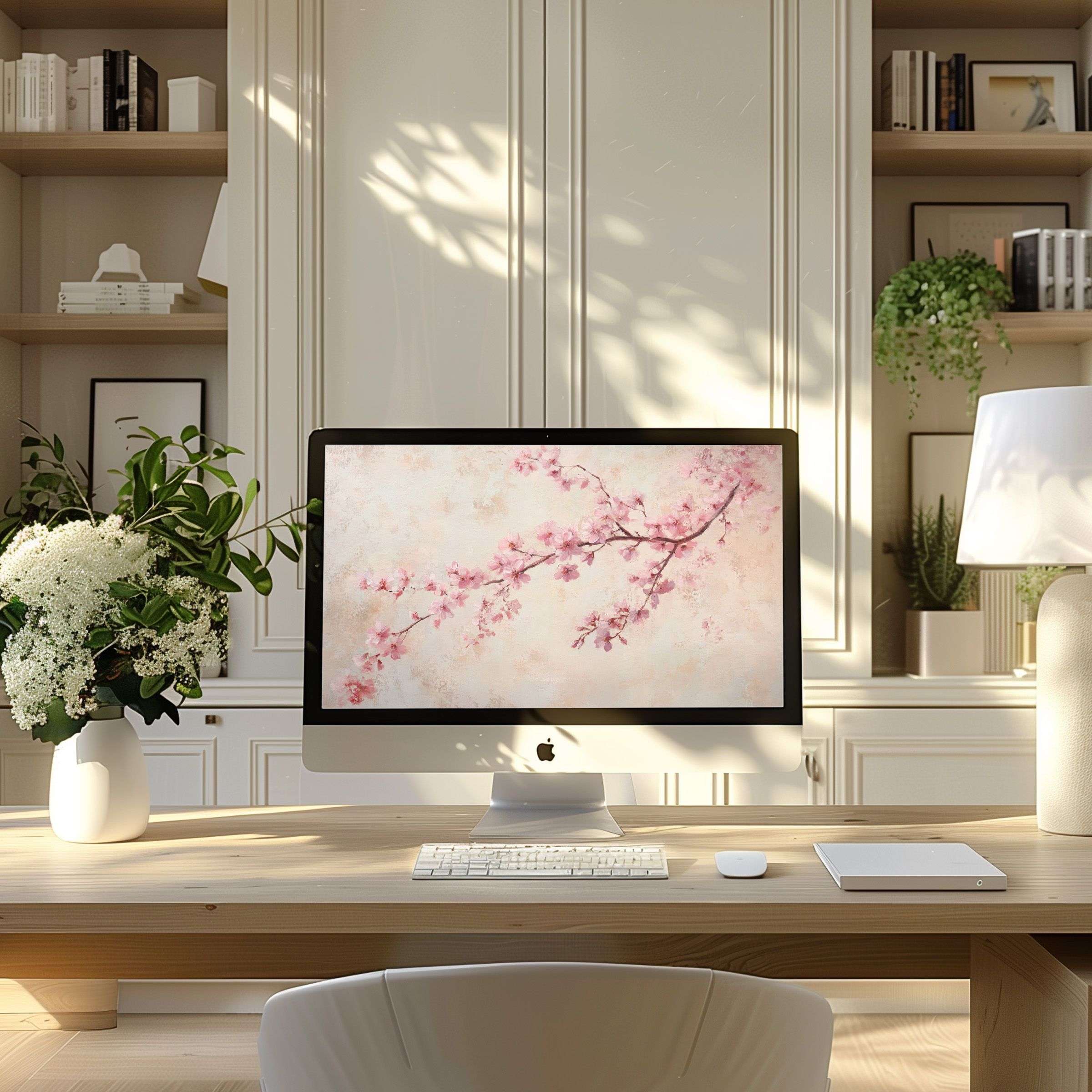 Elegant cherry blossom wallpaper for computer inspires calm in a modern home office, perfect for PC, laptop, ultrawide screens