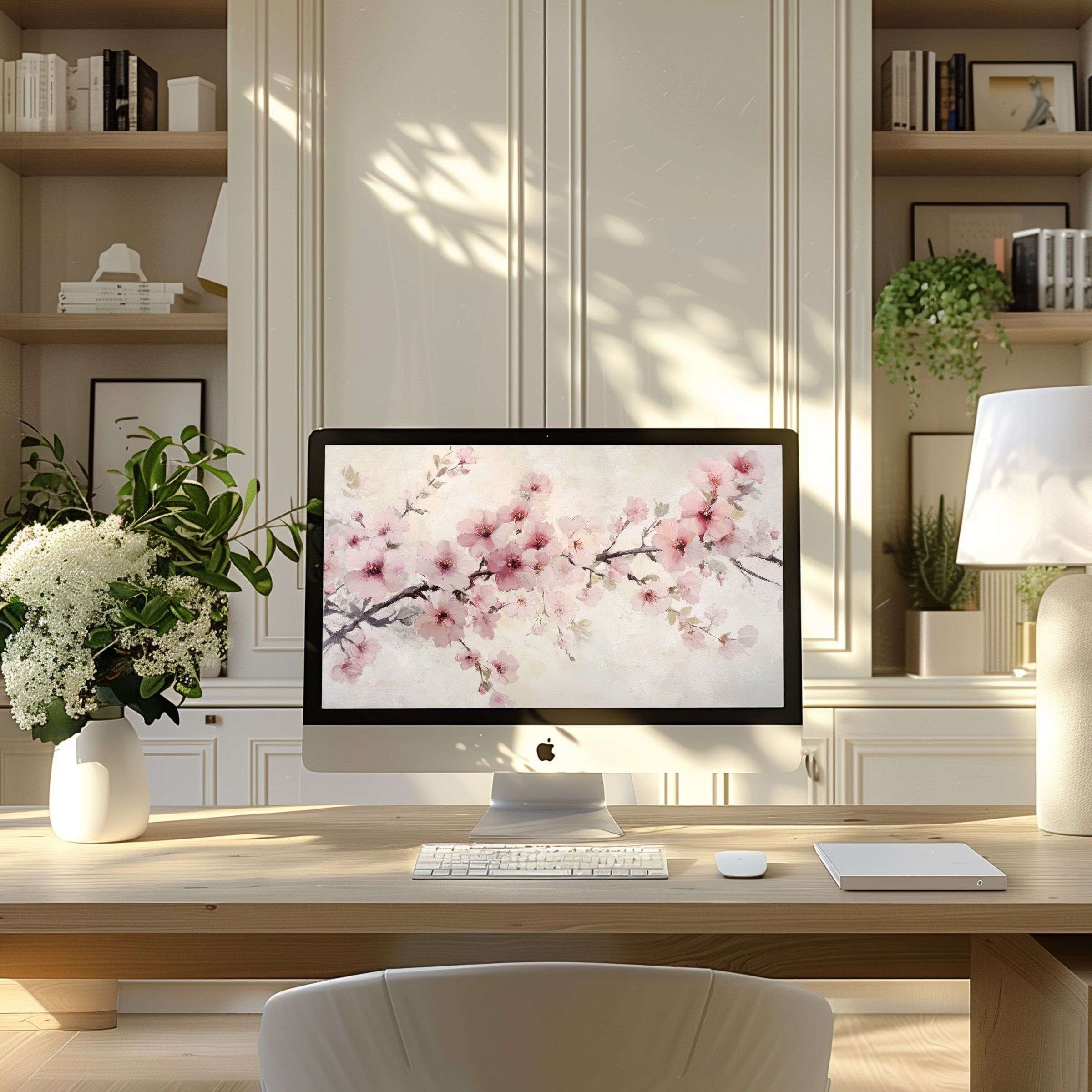 Elegant cherry blossom wallpaper for computer, enhancing any modern home office on PC and laptop, bringing calm and inspiration