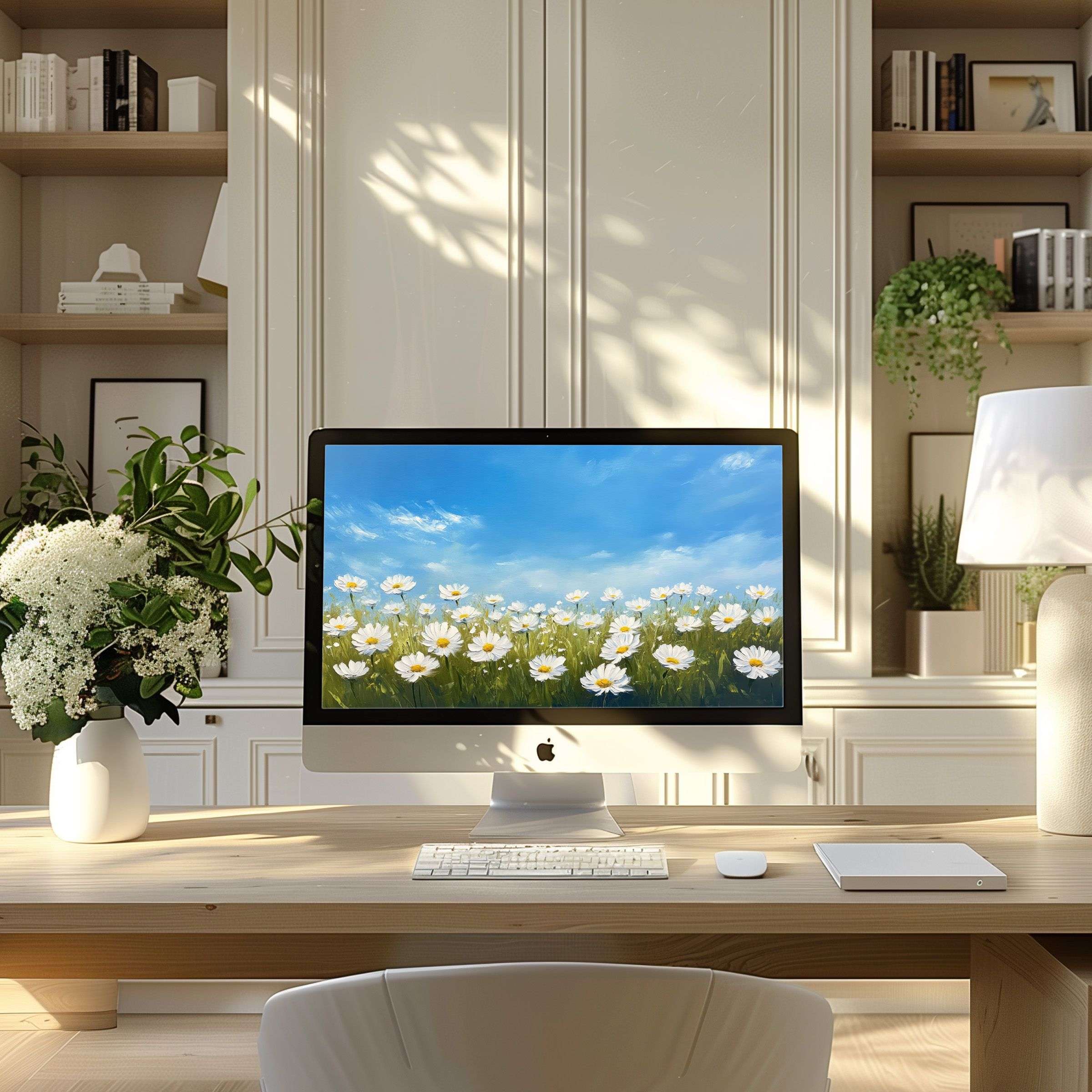 Elegant digital art of daisies against a serene sky, perfect wallpaper for computer, PC, and laptop, inspiring modern home office tranquility