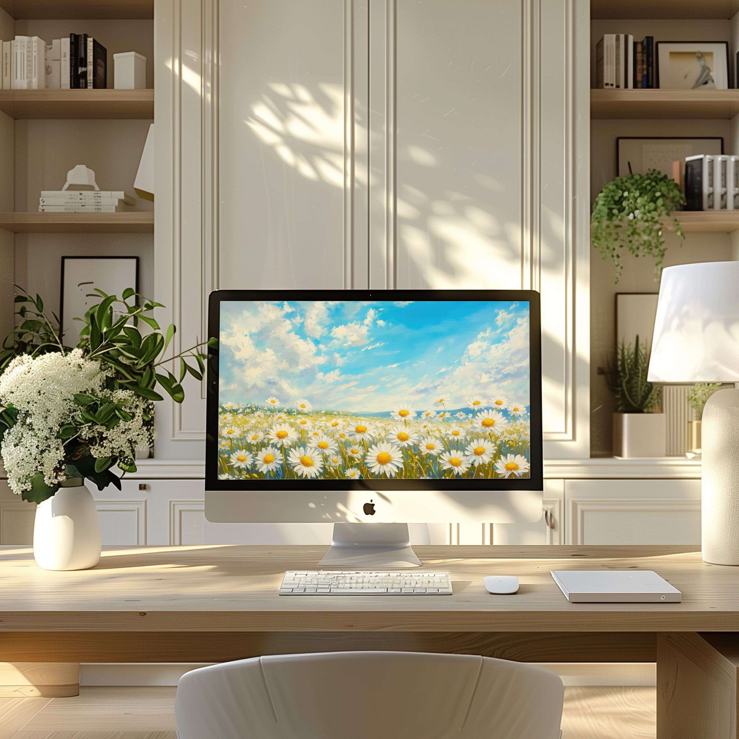 Elegant daisy landscape wallpaper for computer brings calm and inspiration to modern home office PC and laptop setups