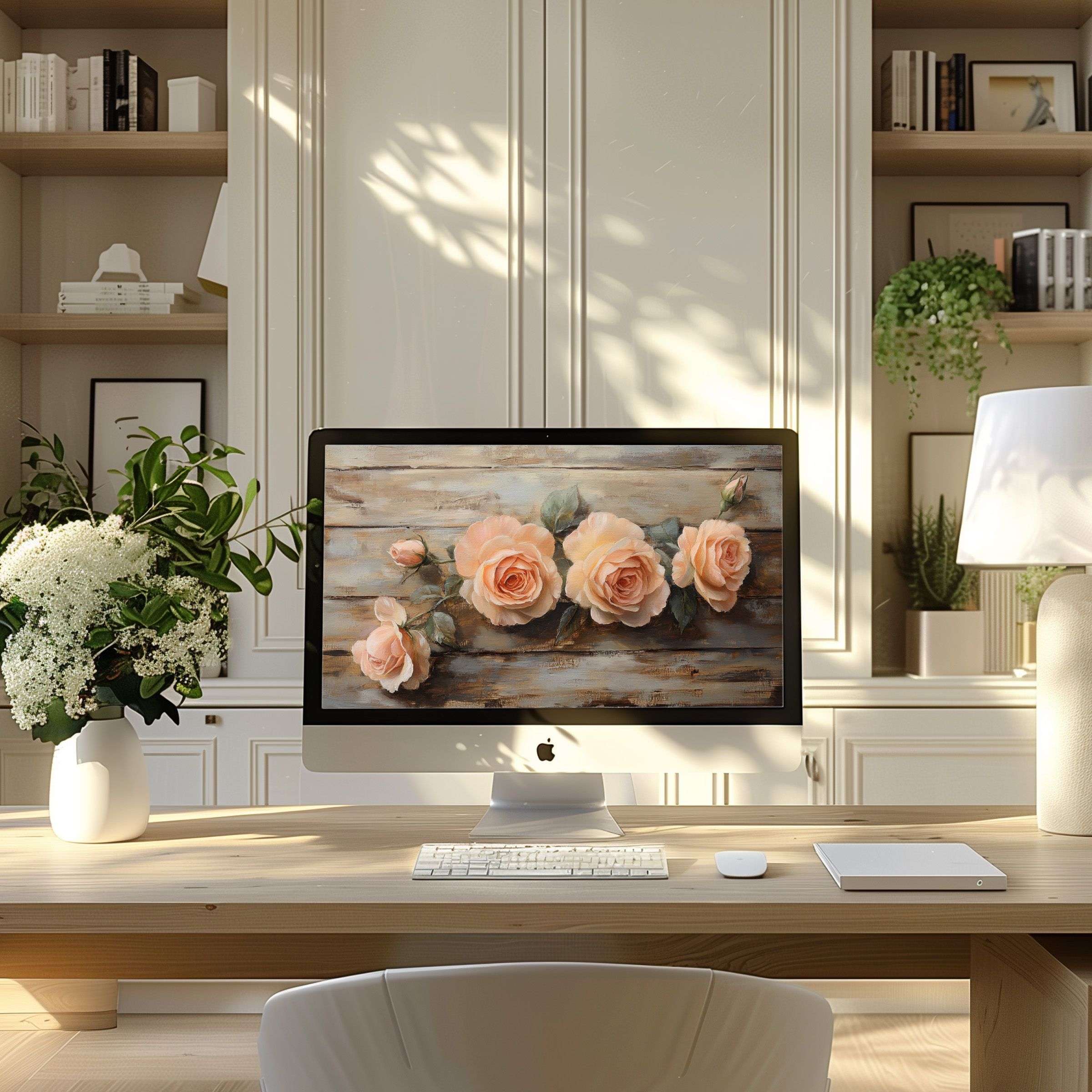 Elegant rose motif wallpaper for computer enhancing calm in a modern home office, ideal for PC, laptop, or ultrawide displays