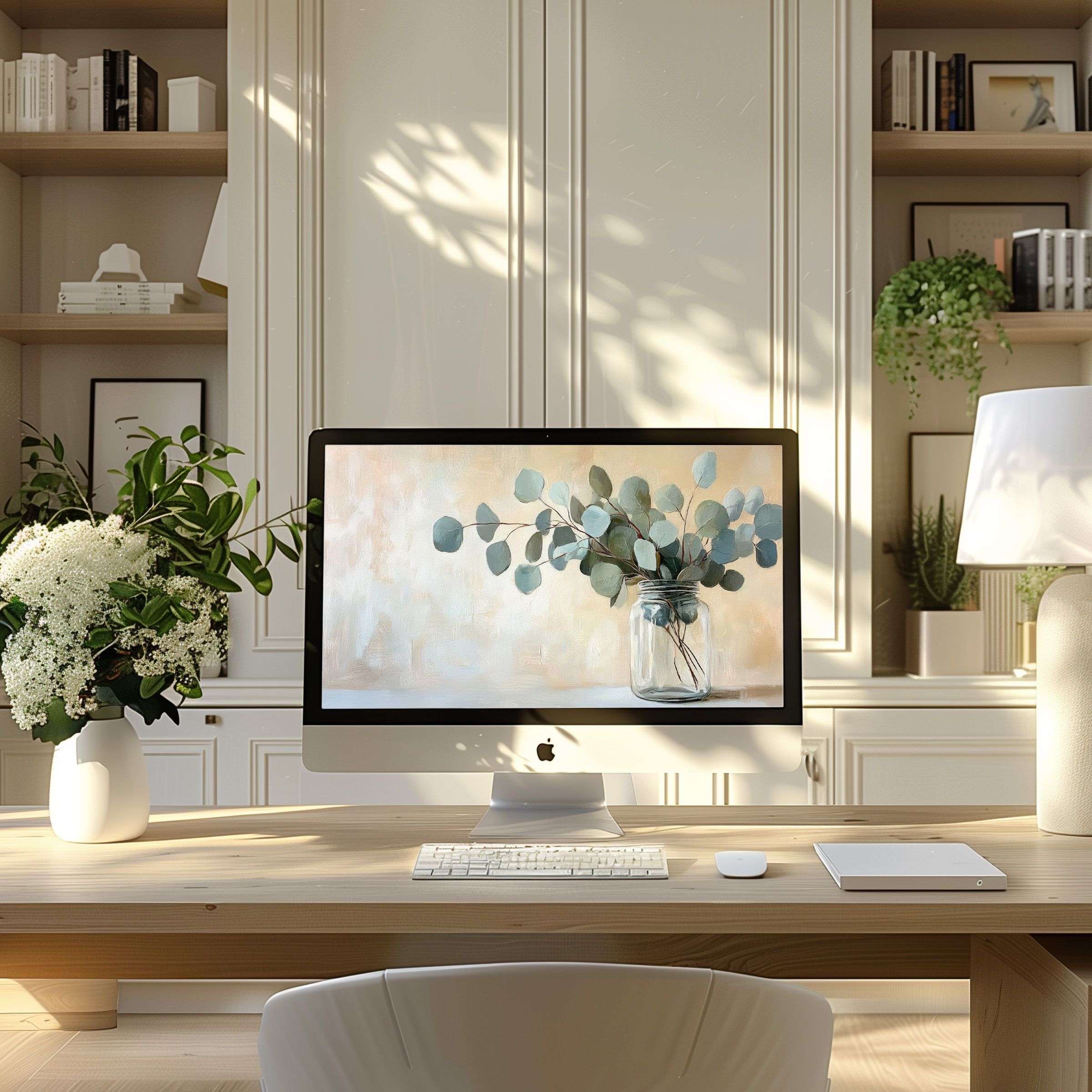 Elegant eucalyptus art wallpaper for computer inspiring calm in modern home office fits PC laptop ultrawide digital download