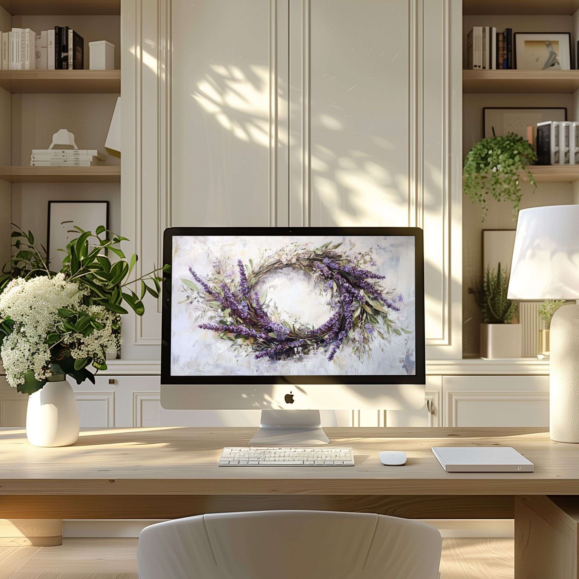 Lavender wreath digital art wallpaper for computer evokes calm and elegance, perfect for PC or laptop in modern home office