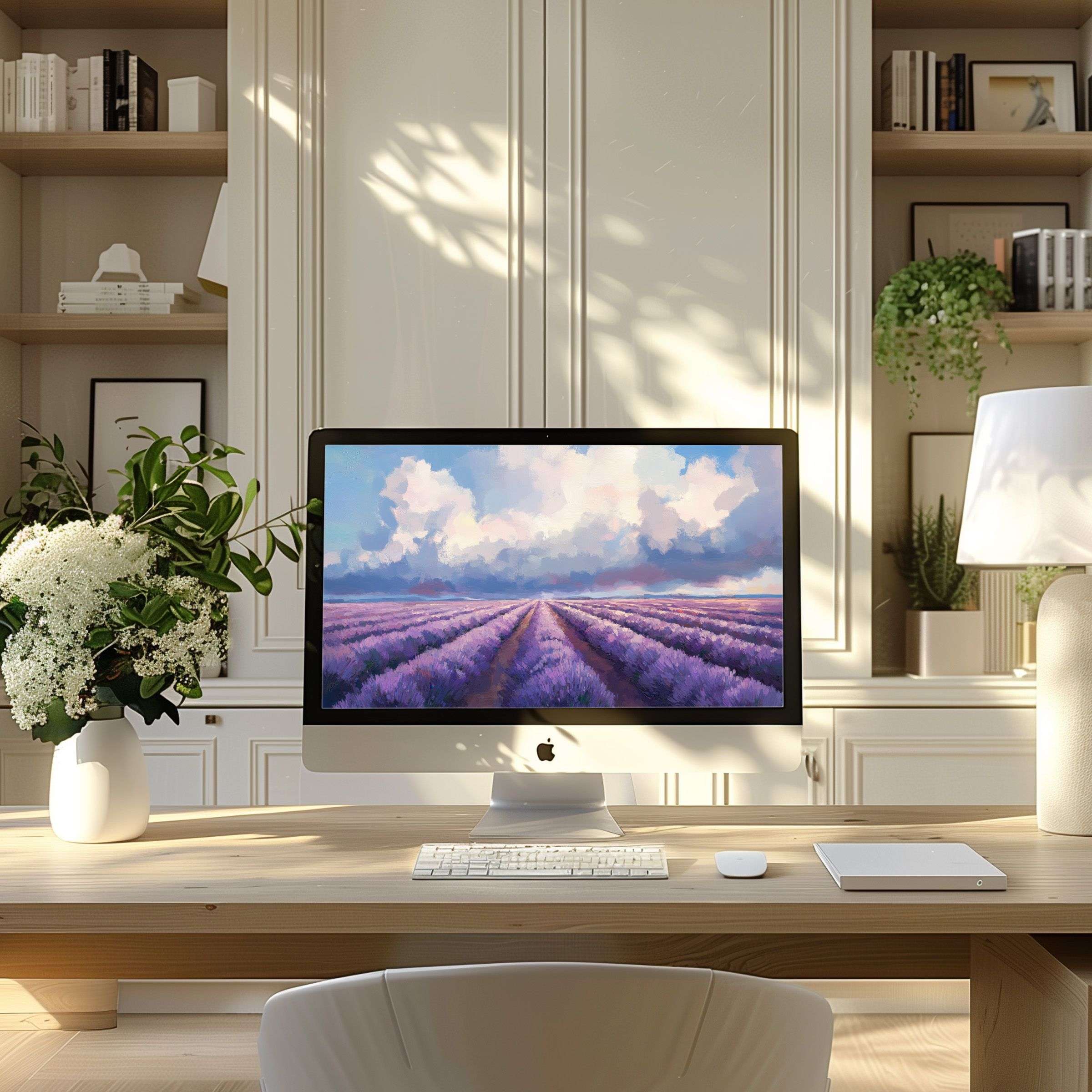 Lavender field artwork creates a calm, inspiring wallpaper for computer in a modern home office, ideal for PC and laptop users