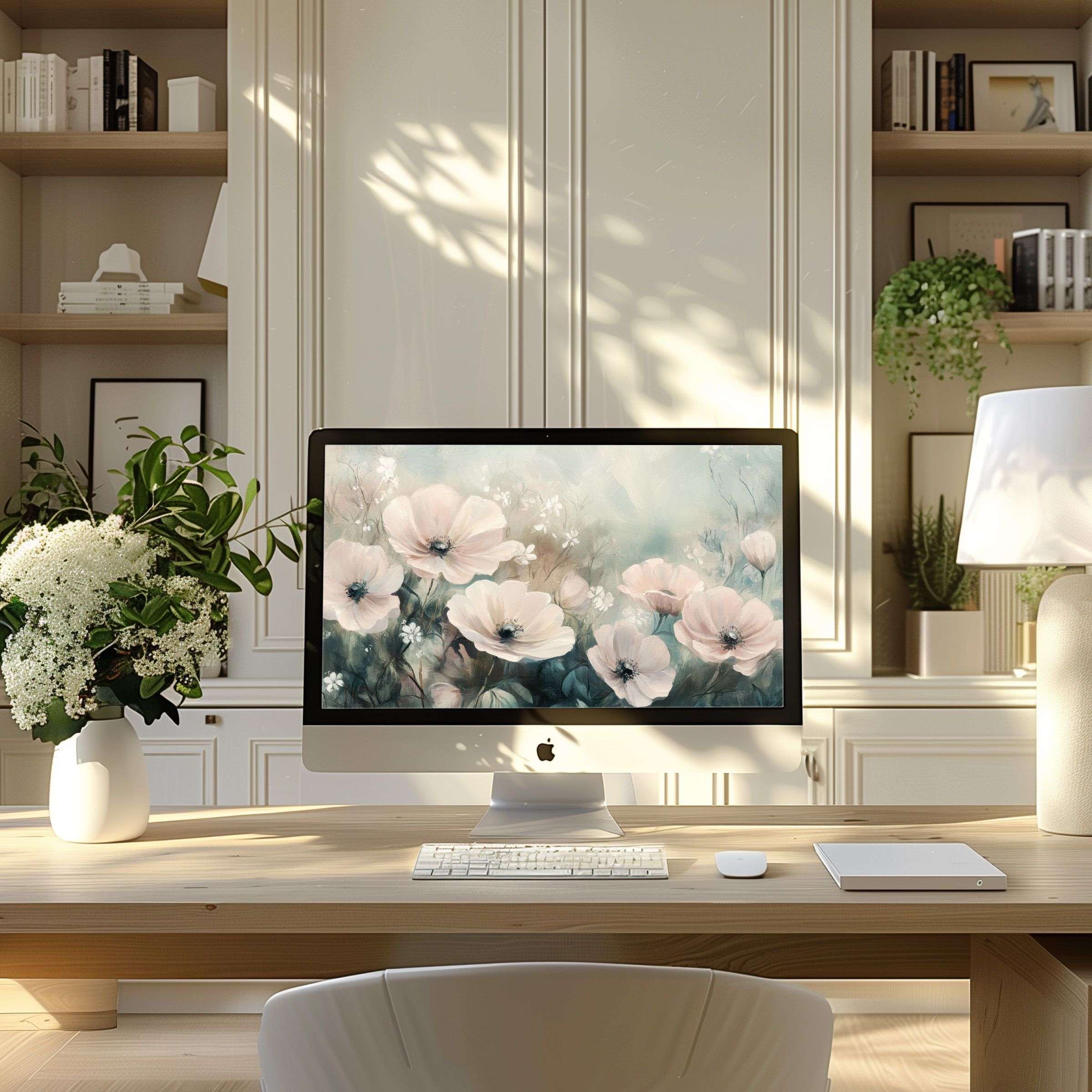 Elegant floral wallpaper for computer enhancing calm and inspiration, perfect for PC or laptop, fitting modern home office aesthetics