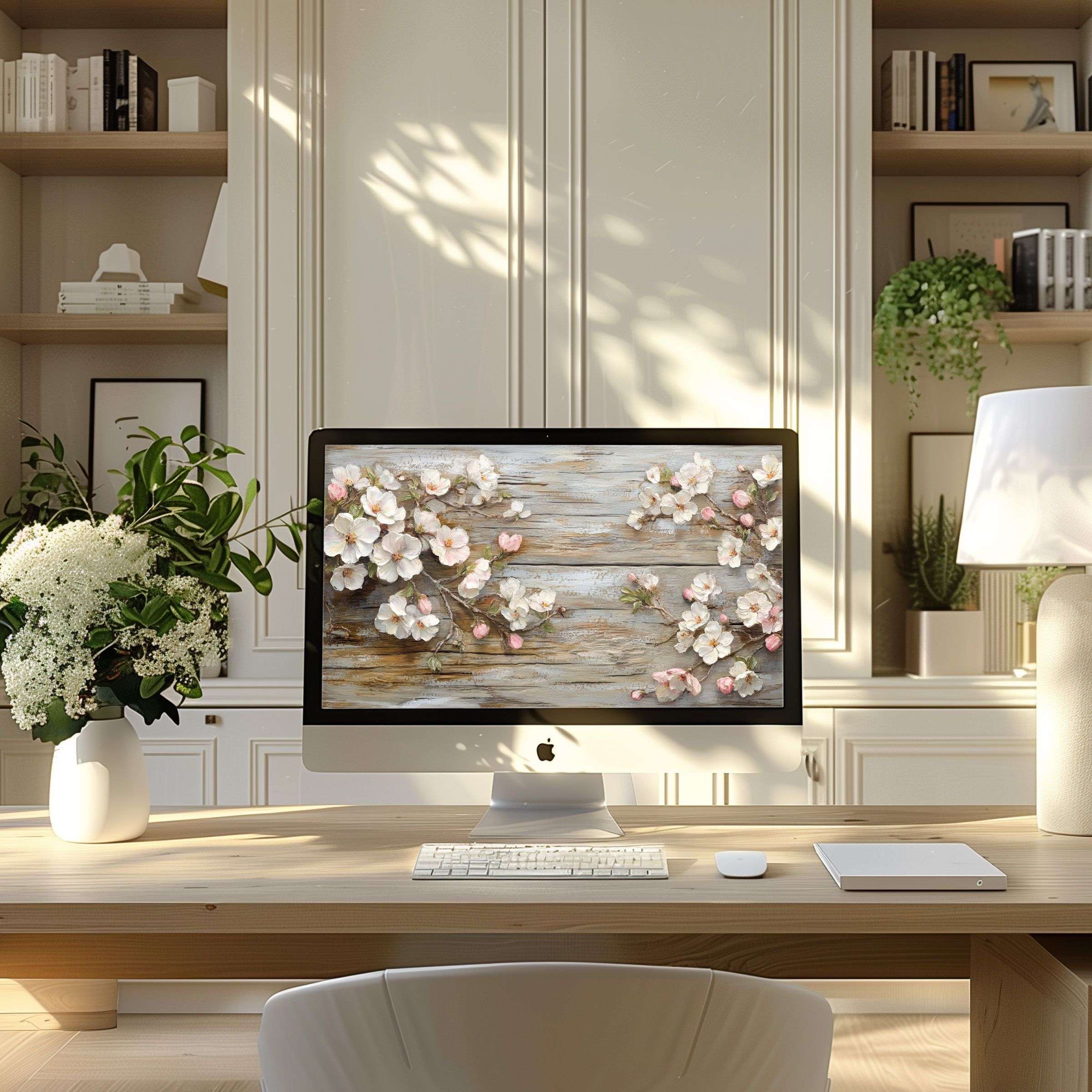 Elegant floral wallpaper for computer, PC, and laptop in a modern home office setting inspires calm and aesthetic grace