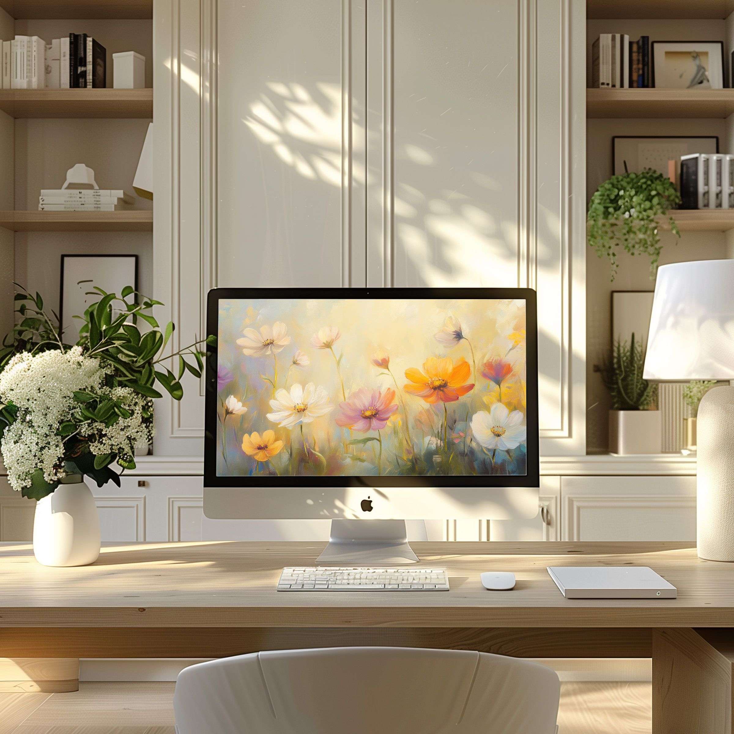 Elegant floral digital artwork brings calm to your modern home office, perfect wallpaper for computer, PC, and laptop screens