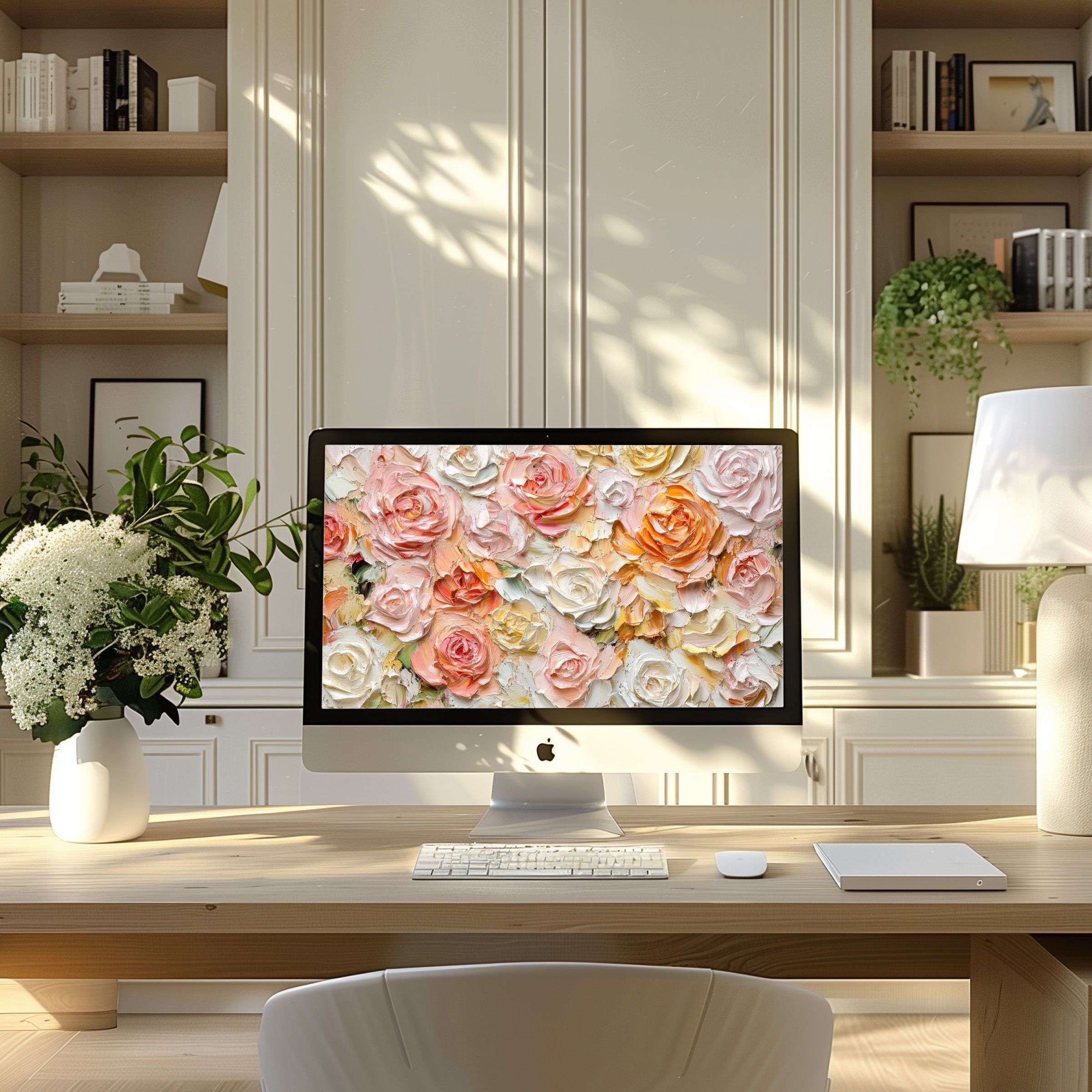 Elegant floral wallpaper for computer brightens modern home office, inspiring calm elegance on PC or laptop digital download