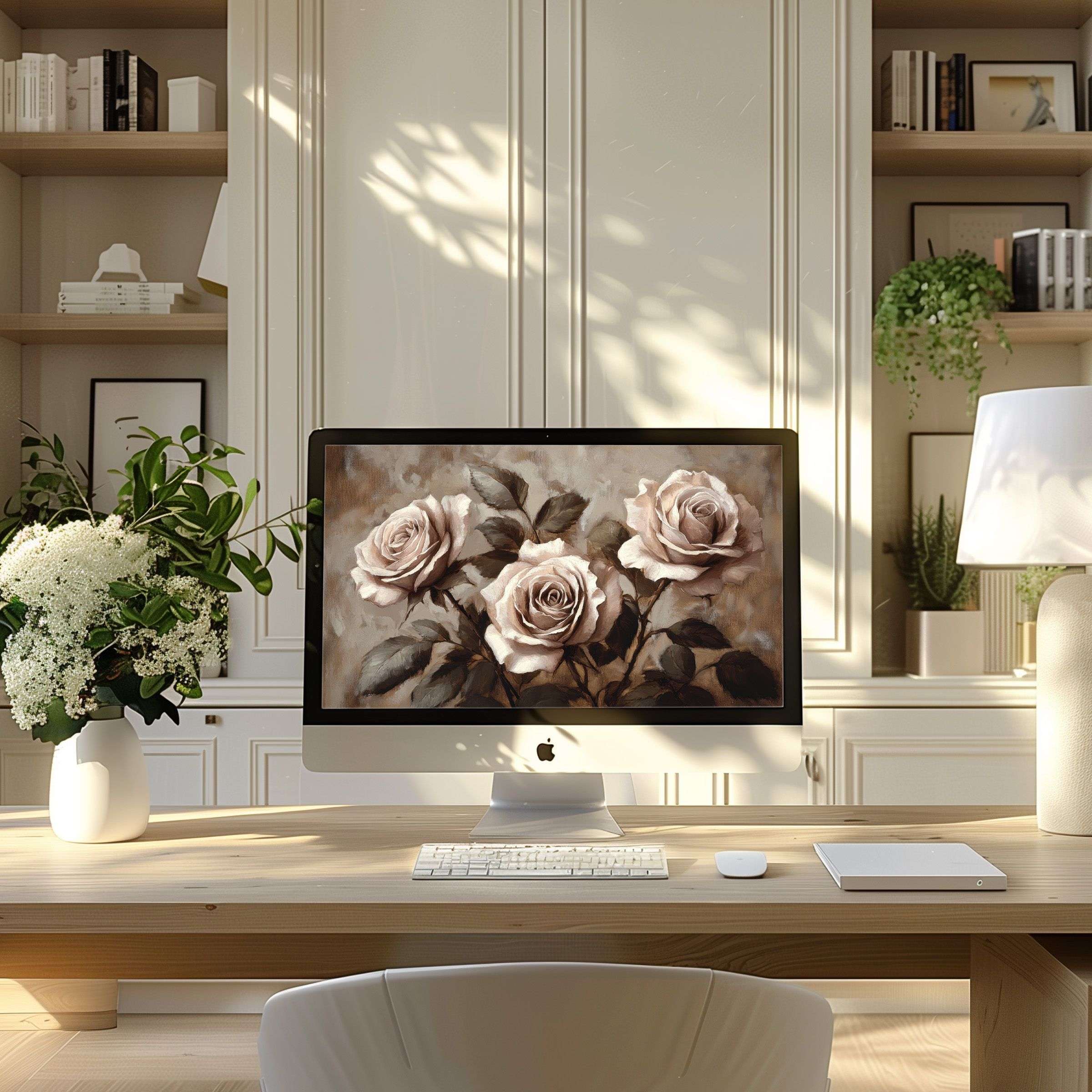 Elegant rose-themed wallpaper for computer in a serene modern home office setting ideal for PC or laptop digital download
