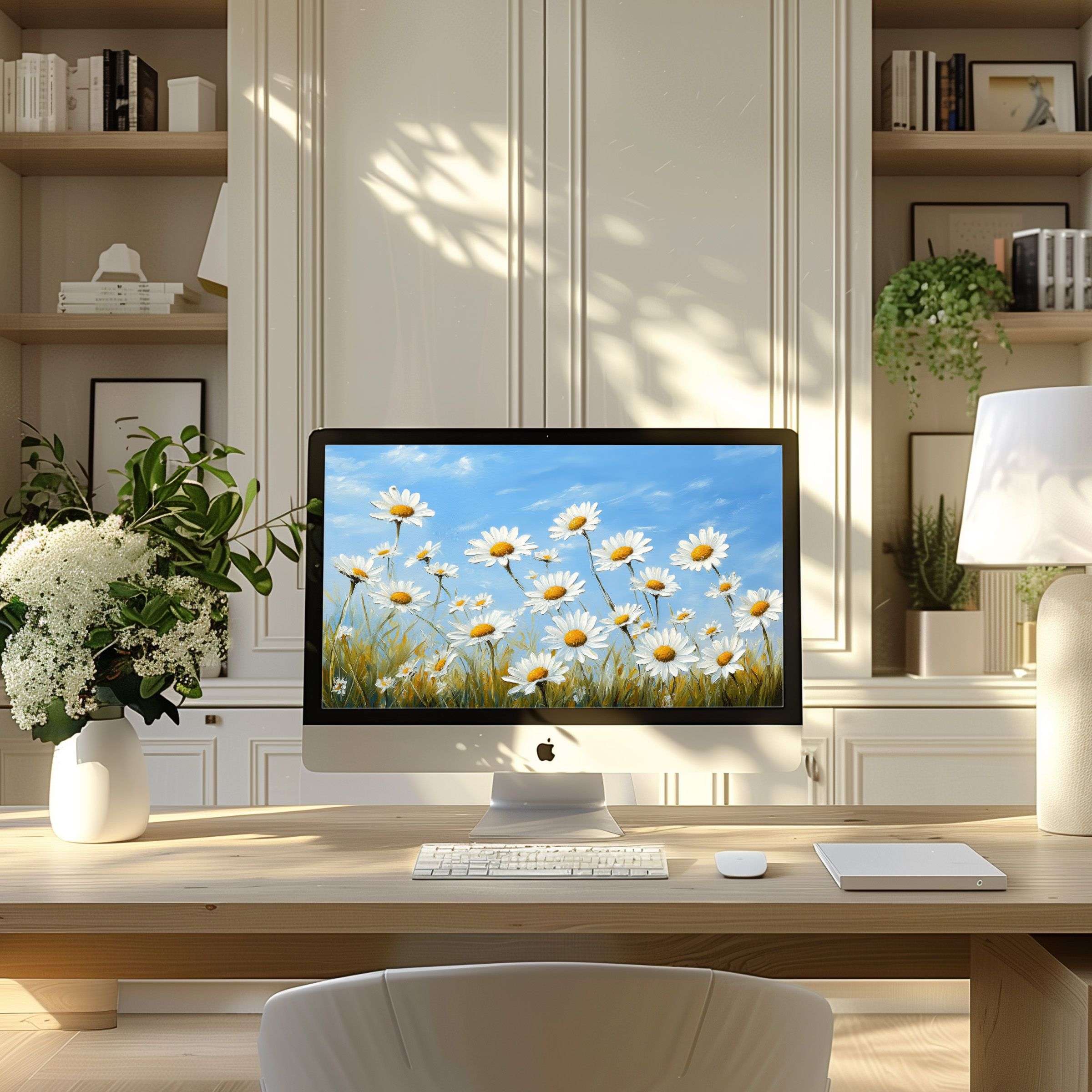 Daisy field wallpaper for computer offers calm inspiration for your PC or laptop in a modern, elegant home office setting