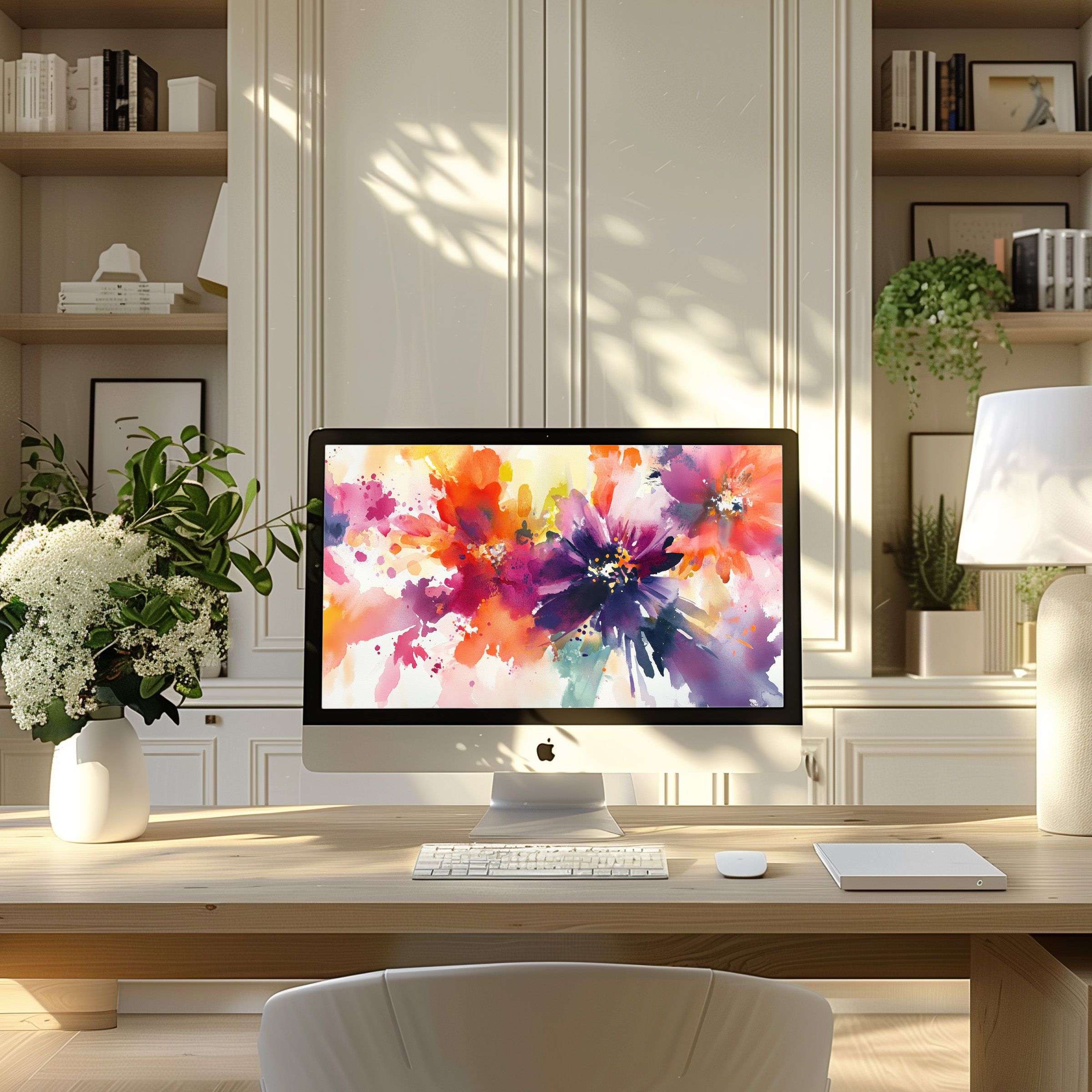 Elegant abstract floral wallpaper for computer brings inspiration and calm, ideal for PC or laptop in a modern, serene office