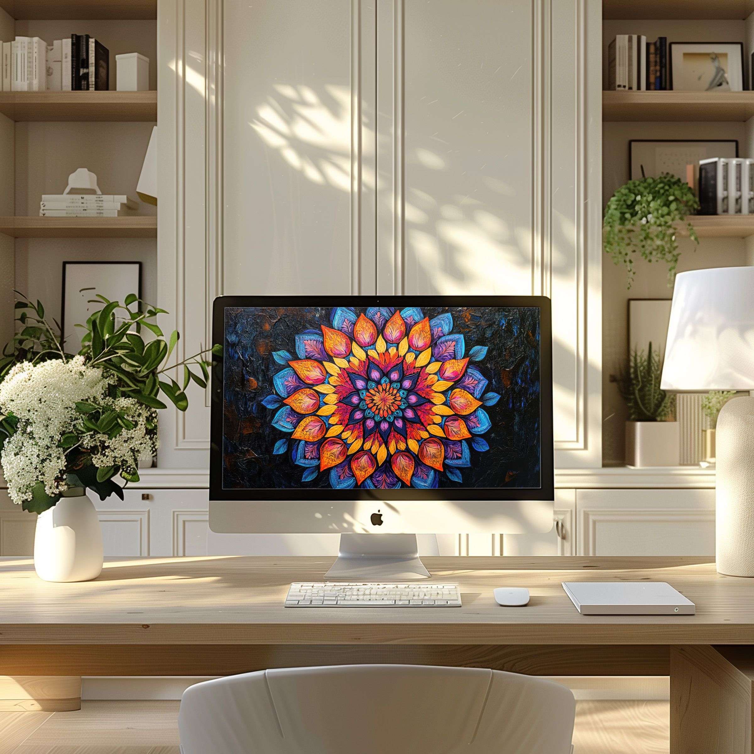 Vibrant mandala wallpaper for computer on a sleek PC in a modern, elegant home office inspires calm and elegance on your laptop