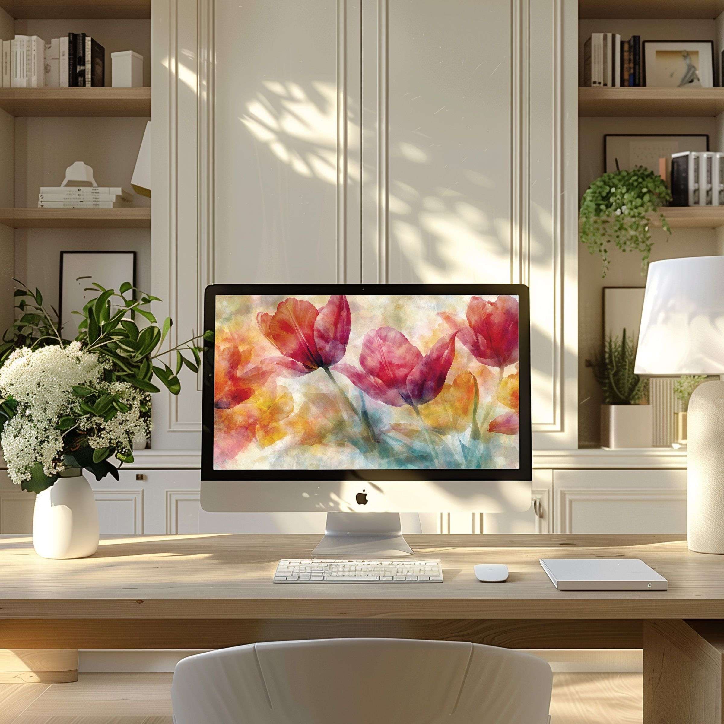 Elegant watercolor tulip design wallpaper for computer inspires calm in a modern home office setting perfect for PC and laptop
