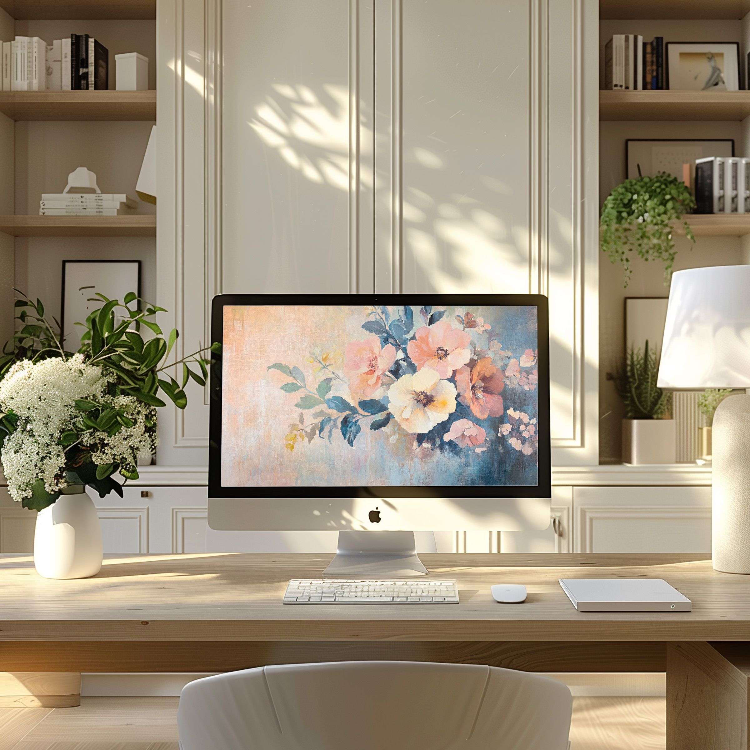 Elegant floral art wallpaper for computer, PC, and Laptop in a serene modern home office inspiring calm and sustainable design